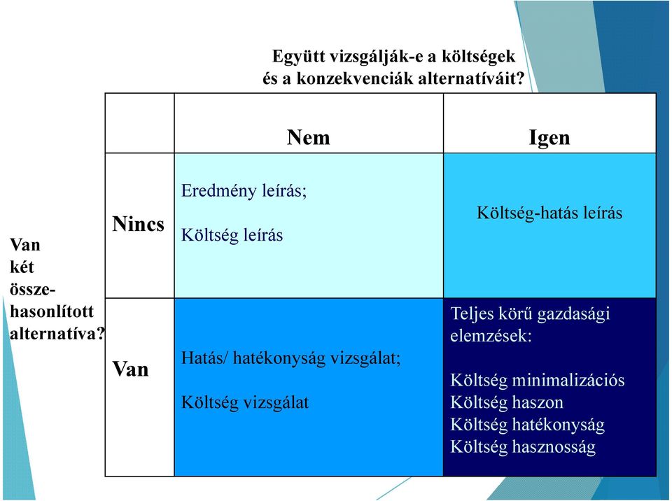 Nincs Van Eredmény leírás; Költség leírás Hatás/ hatékonyság vizsgálat; Költség