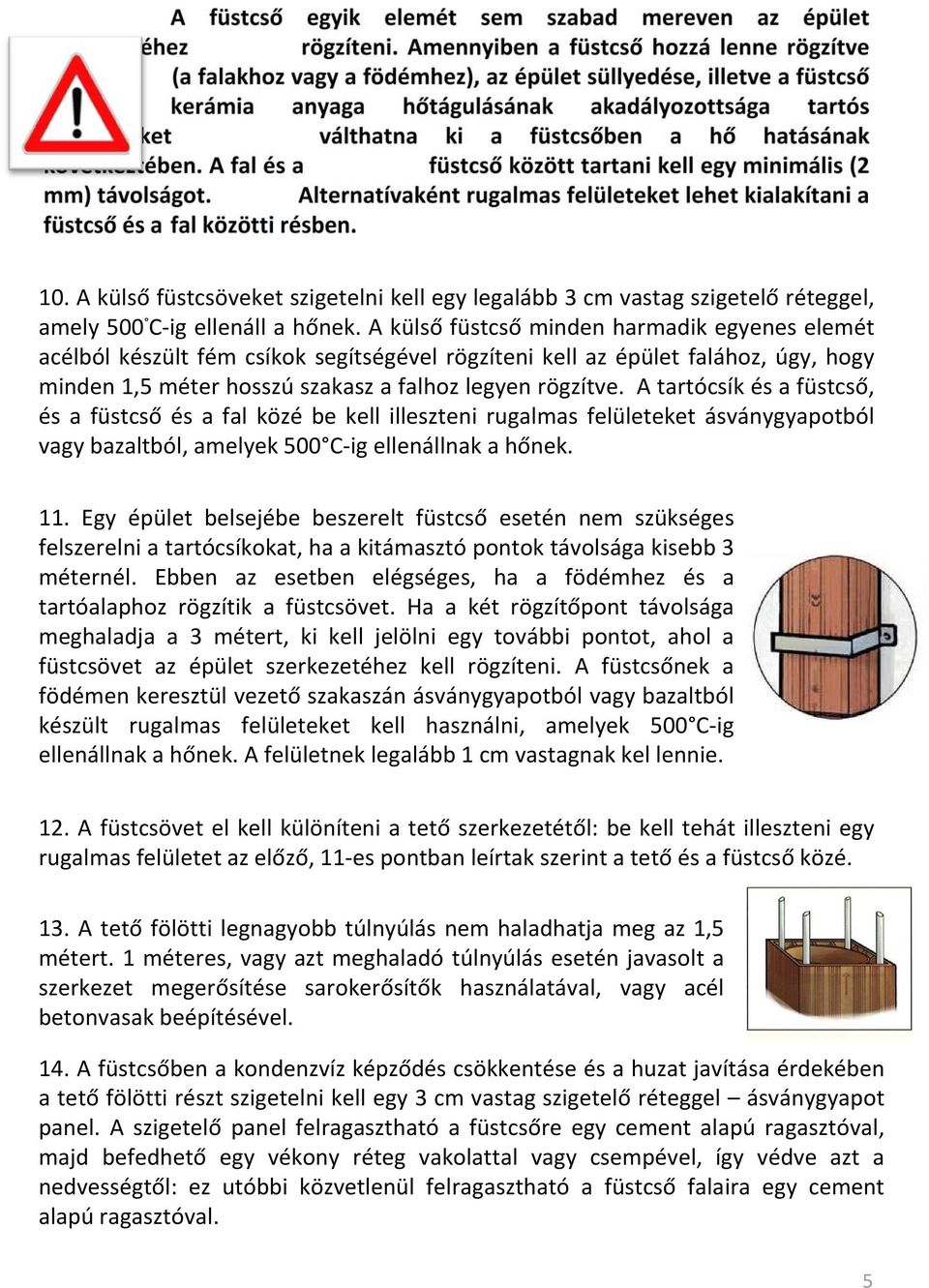 A tartócsík és a füstcső, és a füstcső és a fal közé be kell illeszteni rugalmas felületeket ásványgyapotból vagy bazaltból, amelyek 500 C ig ellenállnak a hőnek. 11.