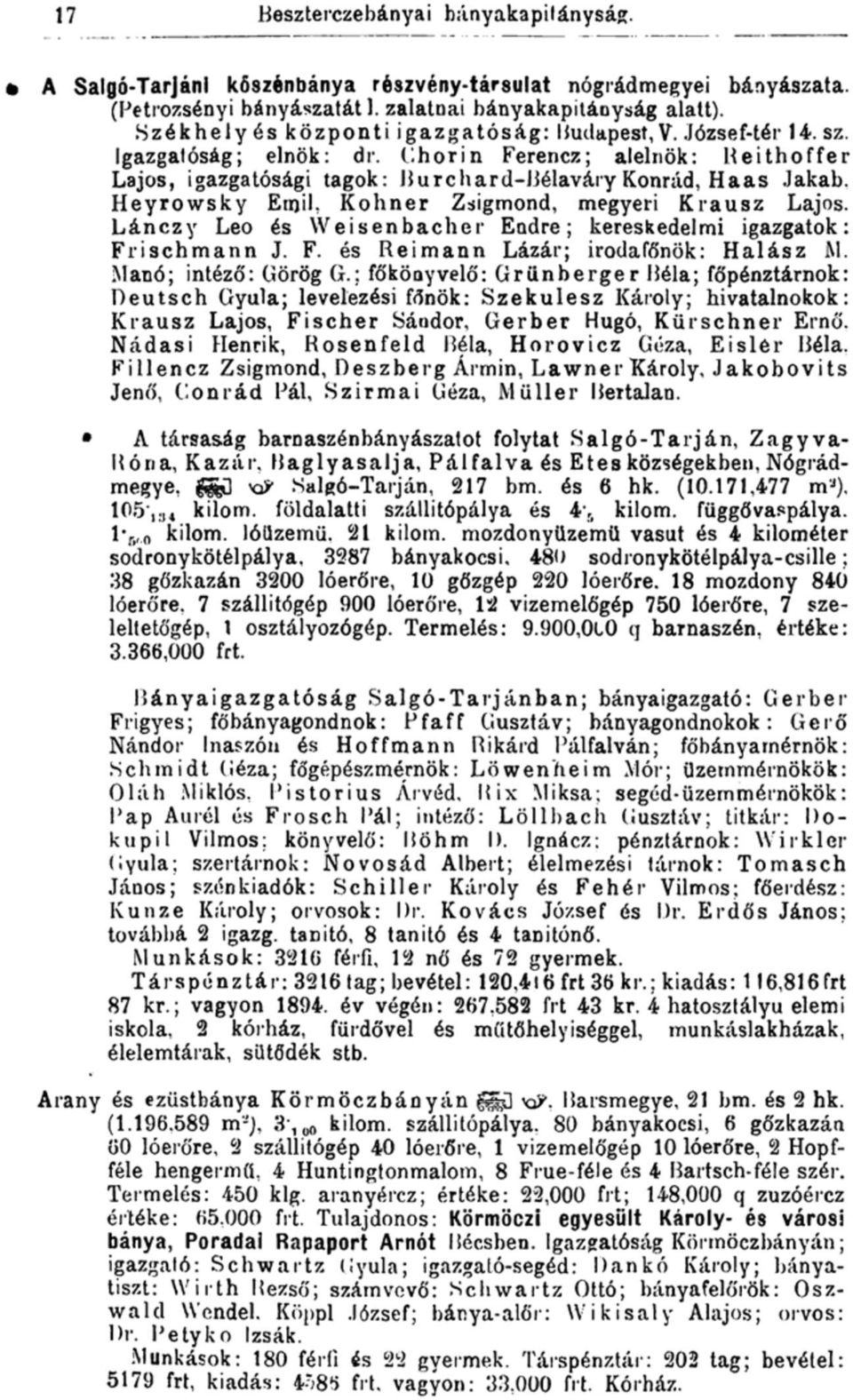 Lánczy Leo és Weisenbacher Endre; kereskedelmi igazgatok: Frischmann J. F. és Reimann Lázár; irodafőnök: Halász M. Manó; intéző: Görög G.