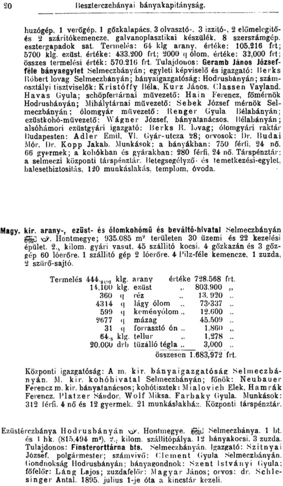 5700 klg. ezüst, értéke: 433.200 frt; 2000 q ólom, értéke: 32,000 frt; összes termelési érték: 570.216 frt.