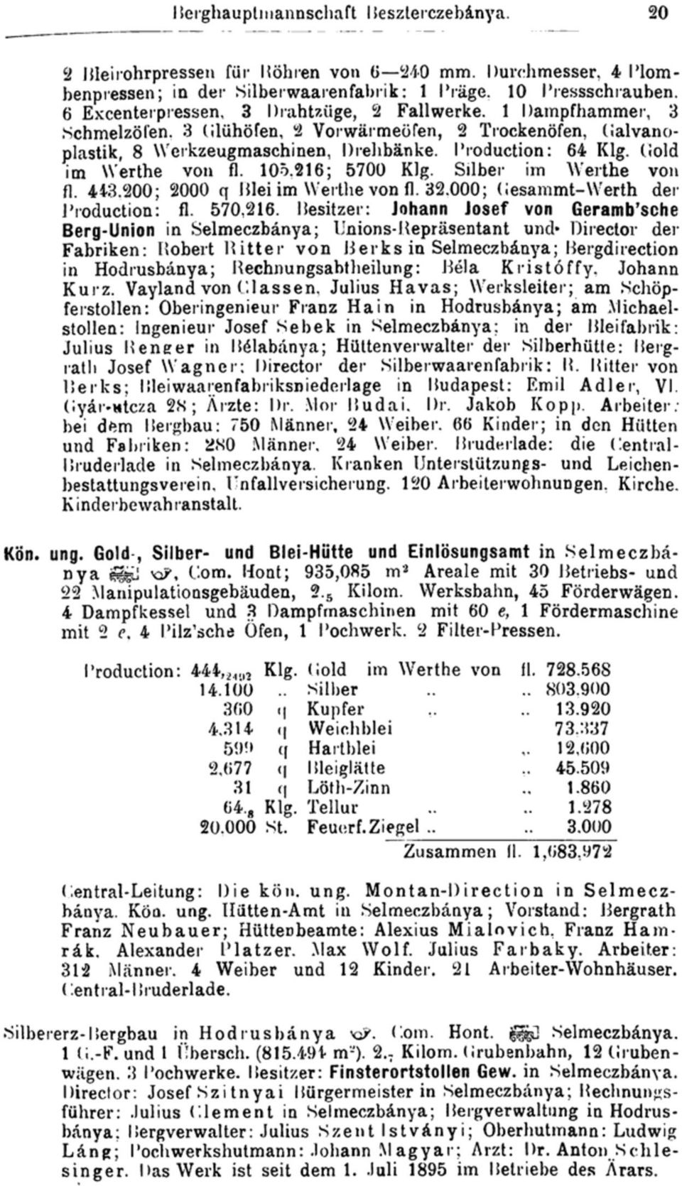 Silber im Werthe von fl. 443.200 ; 2000 q Blei im Werthe von fl. 32.000; Gesammt-Werth der Production: fl. 570,216.