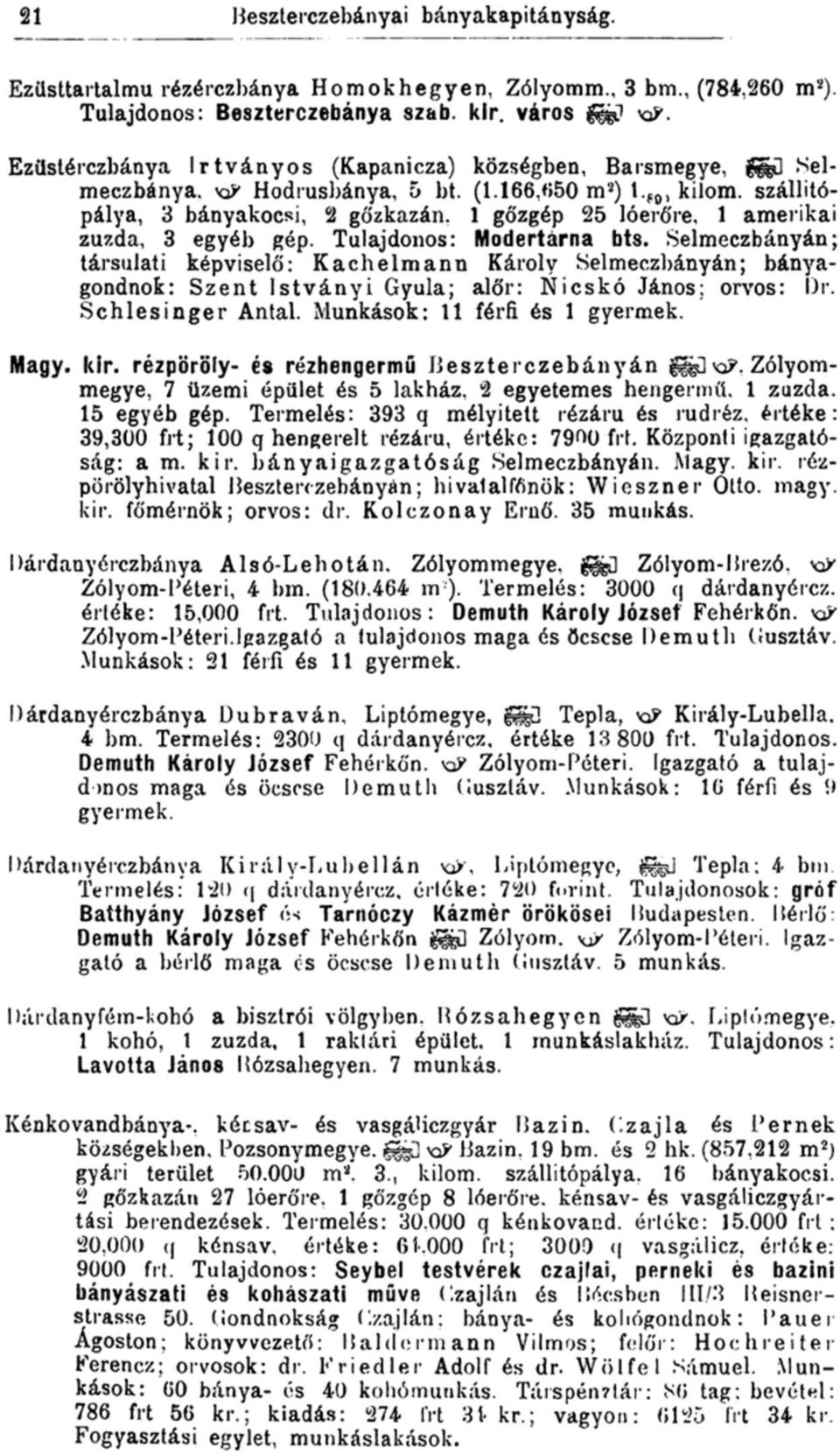 1 gőzgép 25 lóerőre, 1 amerikai zúzda, 3 egyéb gép. Tulajdonos: Modertárna bts.