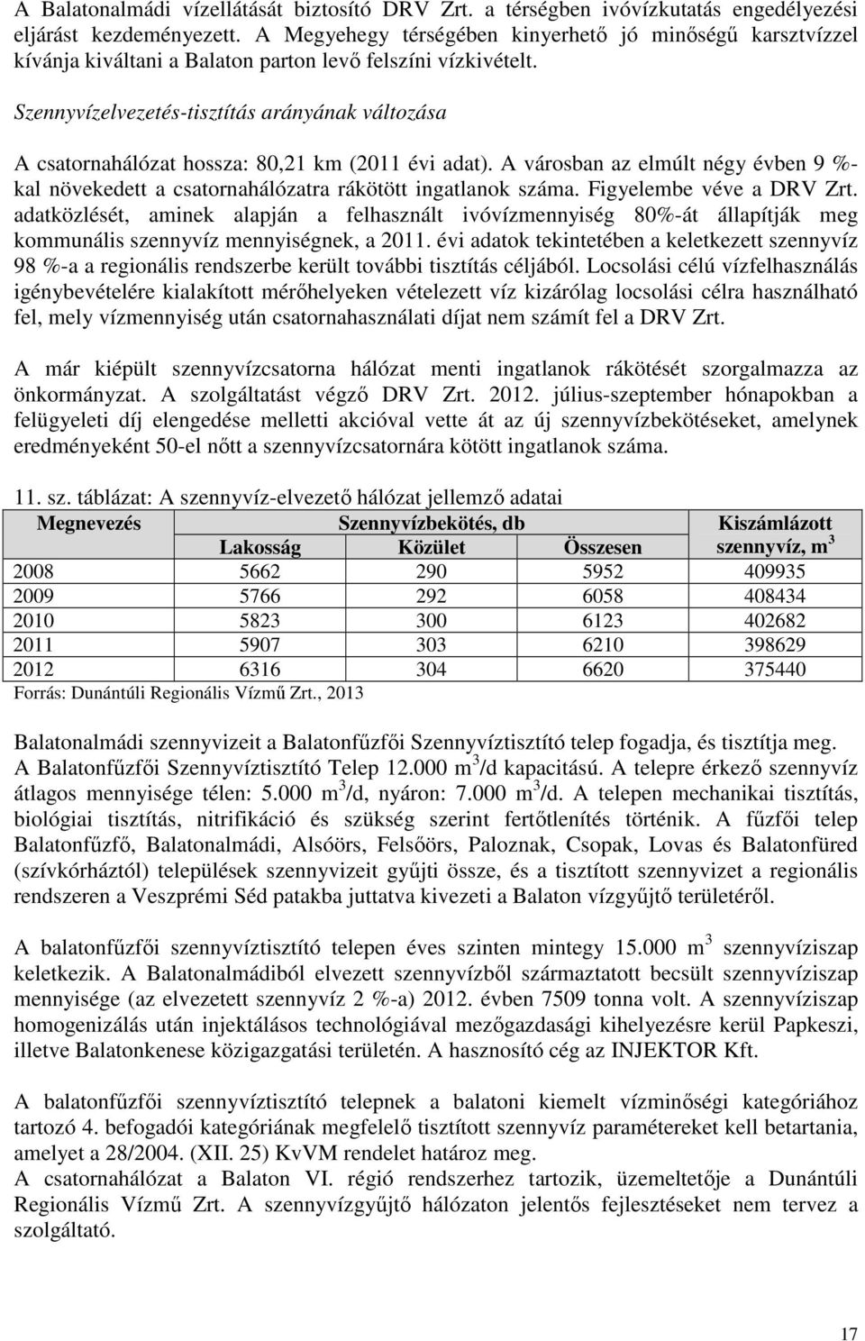 Szennyvízelvezetés-tisztítás arányának változása A csatornahálózat hossza: 80,21 km (2011 évi adat). A városban az elmúlt négy évben 9 %- kal növekedett a csatornahálózatra rákötött ingatlanok száma.