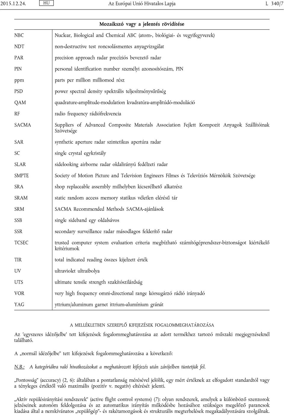 and Chemical ABC (atom-, biológiai- és vegyifegyverek) non-destructive test roncsolásmentes anyagvizsgálat precision approach radar precíziós bevezető radar personal identification number személyi