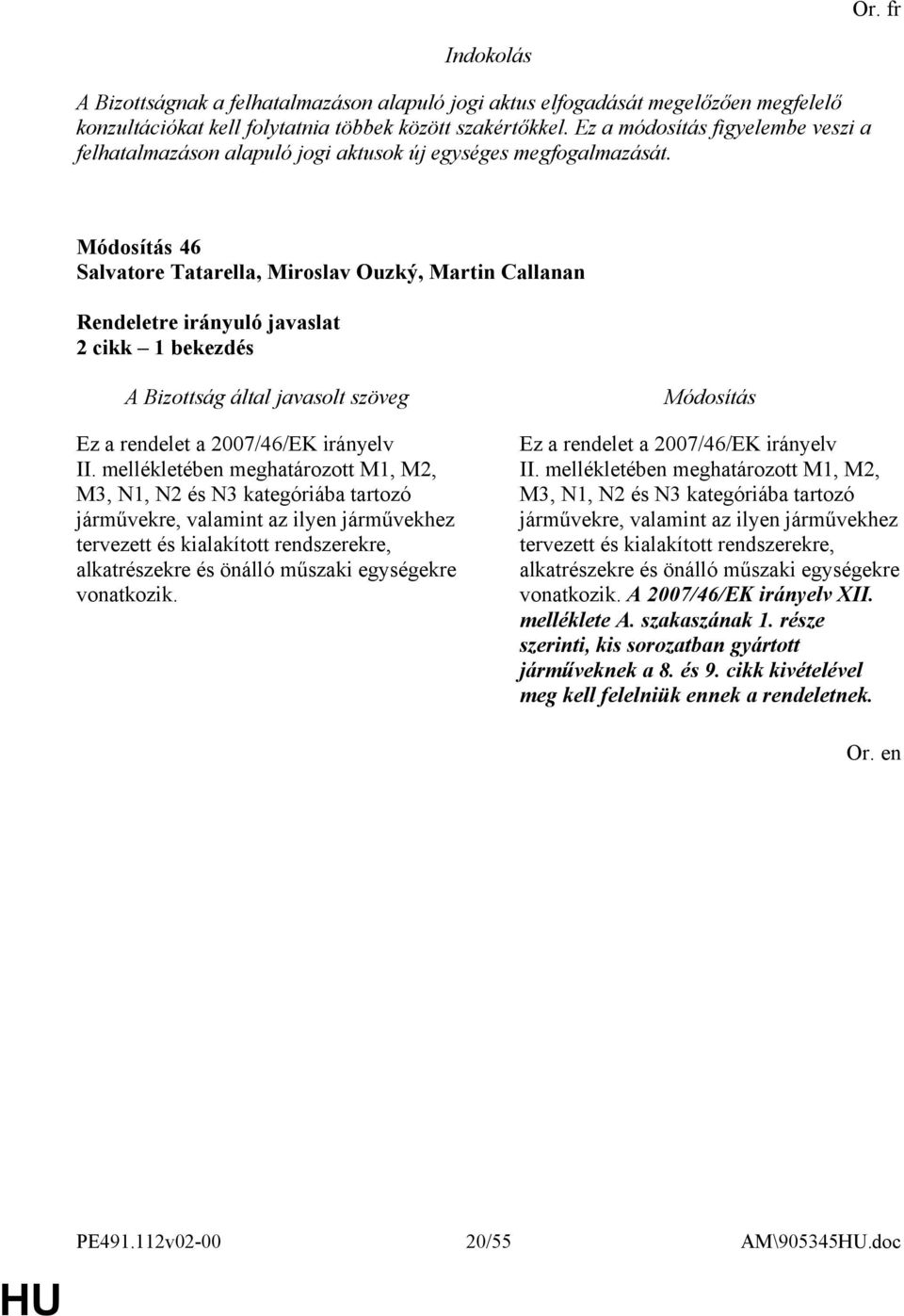 46 Salvatore Tatarella, Miroslav Ouzký, Martin Callanan 2 cikk 1 bekezdés Ez a rendelet a 2007/46/EK irányelv II.