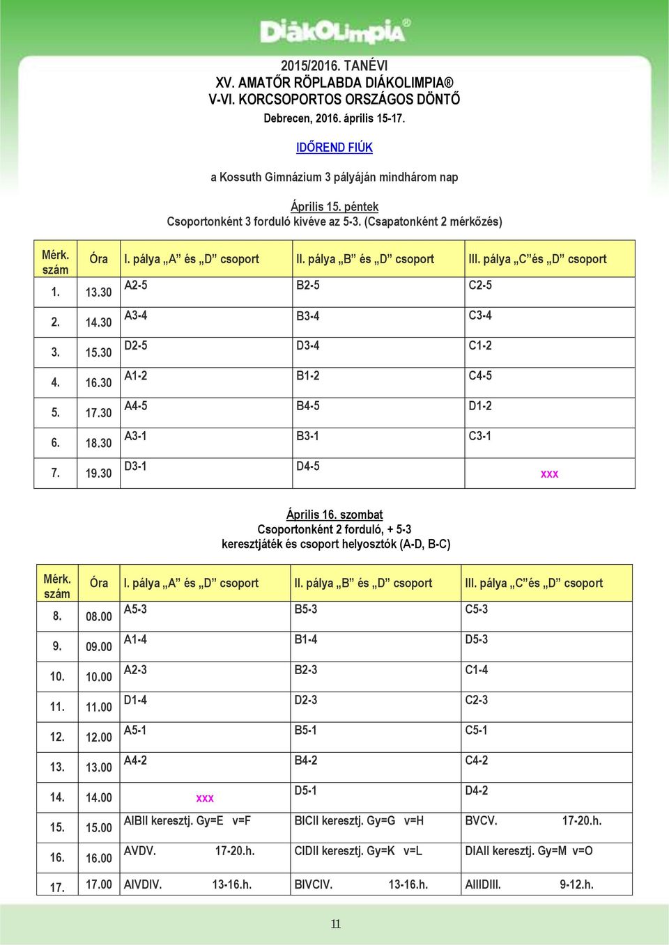 pálya C és D csoport A2-5 B2-5 C2-5 A3-4 B3-4 C3-4 D2-5 D3-4 C1-2 A1-2 B1-2 C4-5 A4-5 B4-5 D1-2 A3-1 B3-1 C3-1 D3-1 D4-5 xxx Mérk. szám 8. 08.00 9. 09.00 10. 10.00 11. 11.00 12. 12.00 13.
