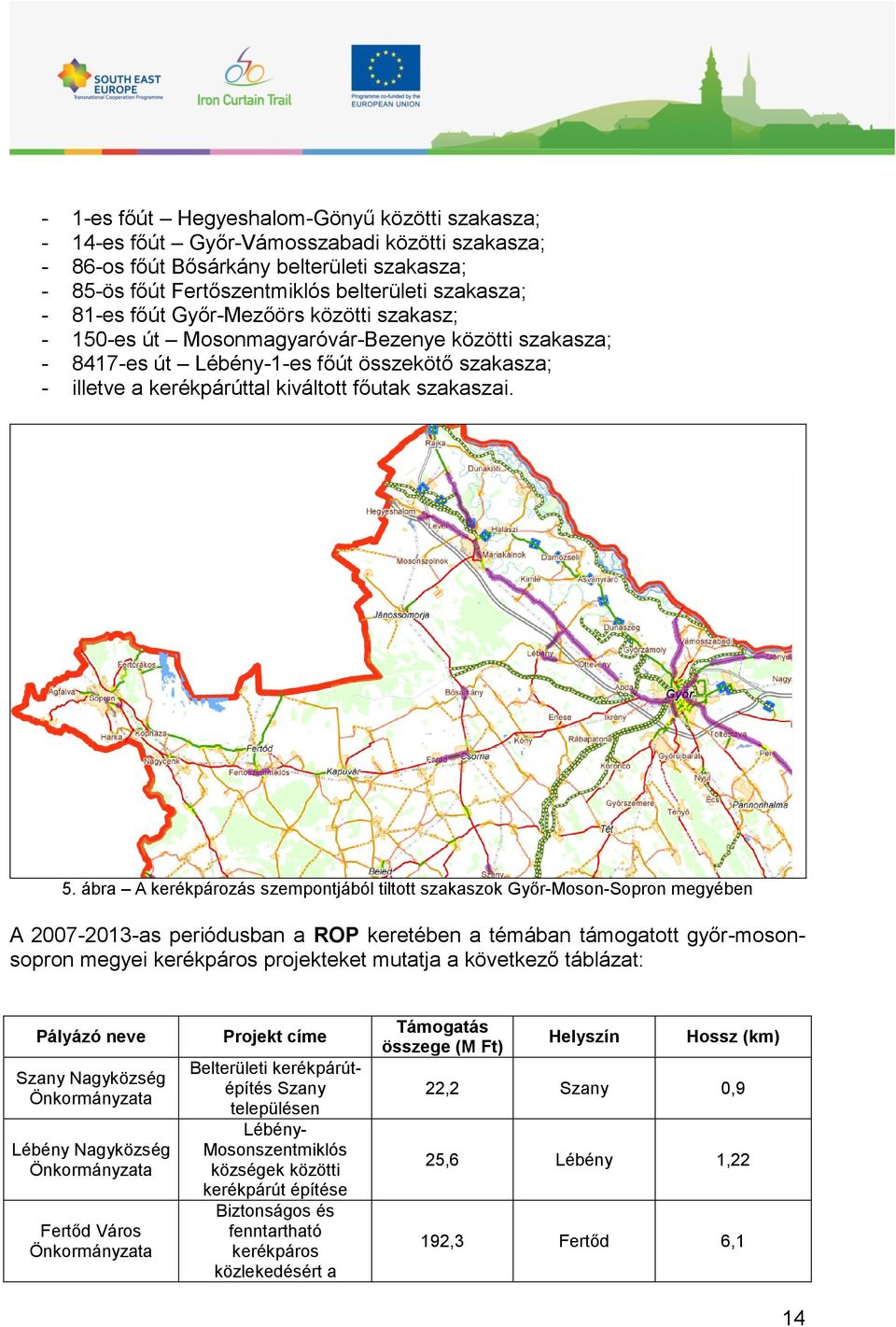 5. ábra A kerékpározás szempontjából tiltott szakaszok Győr-Moson-Sopron megyében A 2007-2013-as periódusban a ROP keretében a témában támogatott győr-mosonsopron megyei kerékpáros projekteket