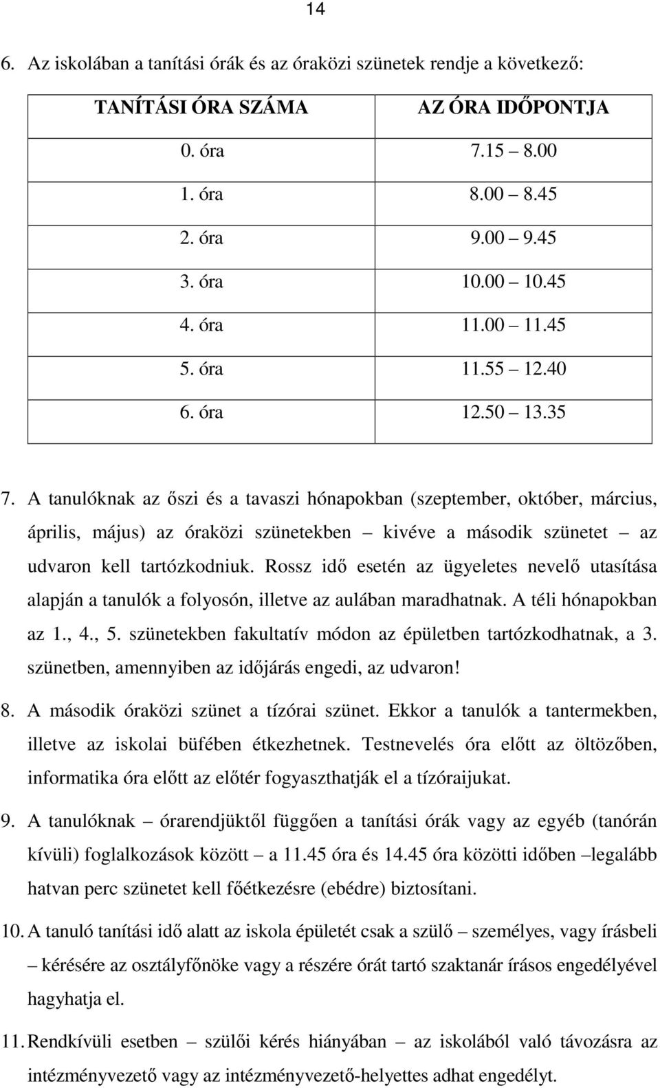 A tanulóknak az őszi és a tavaszi hónapokban (szeptember, október, március, április, május) az óraközi szünetekben kivéve a második szünetet az udvaron kell tartózkodniuk.