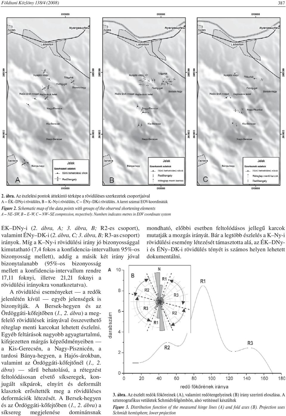 Numbers indicates metres in EOV coordinate system ÉK DNy-i (2. ábra, A; 3. ábra, B; R2-es csoport), valamint ÉNy DK-i (2. ábra, C; 3. ábra, B; R3-as csoport) irányok.