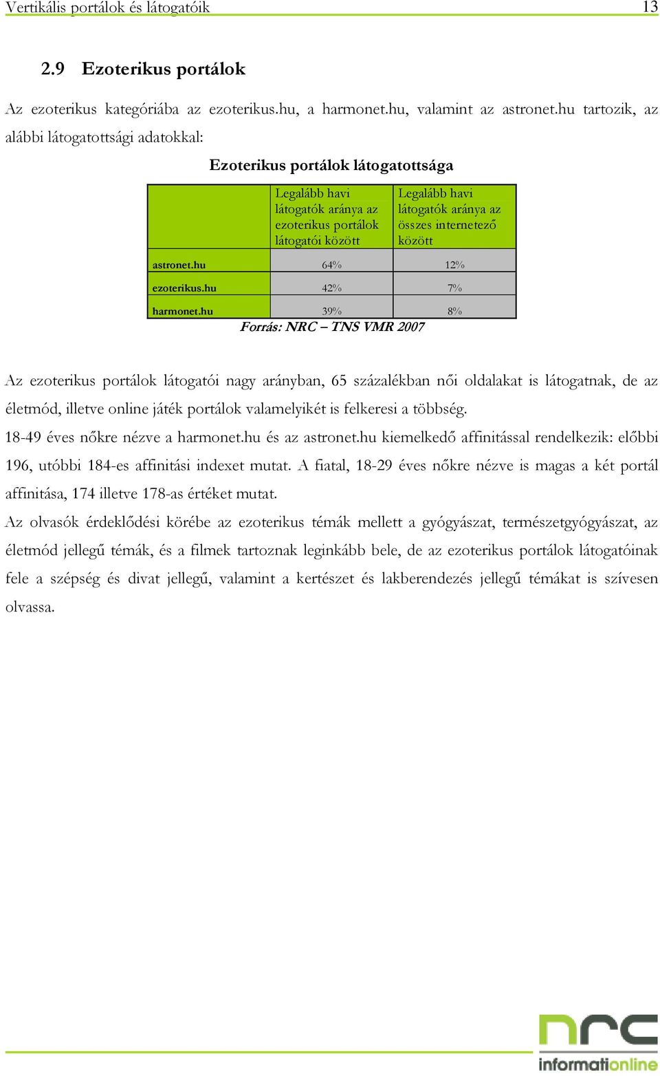 hu 39% 8% Forrás: NRC TNS VMR 2007 Az ezoterikus portálok látogatói nagy arányban, 65 százalékban nıi oldalakat is látogatnak, de az életmód, illetve online játék portálok valamelyikét is felkeresi a