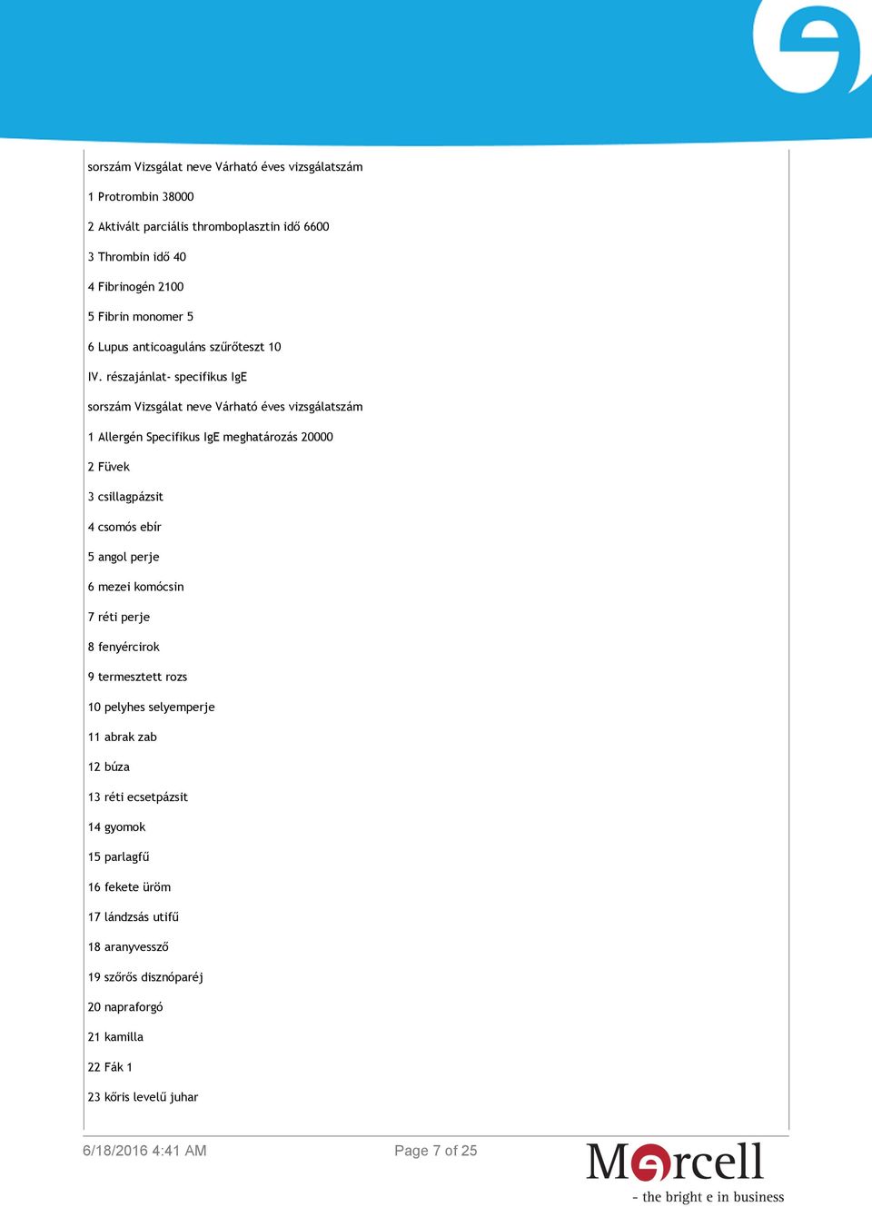 részajánlat- specifikus IgE sorszám Vizsgálat neve Várható éves vizsgálatszám 1 Allergén Specifikus IgE meghatározás 20000 2 Füvek 3 csillagpázsit 4 csomós ebír 5