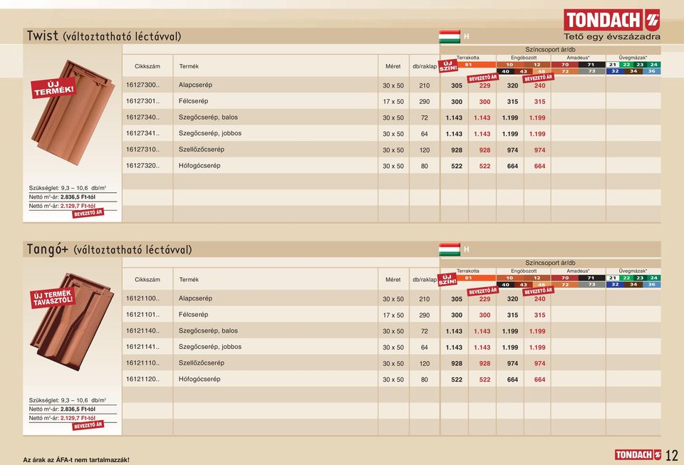 9, Ft-tól BEVEZETÃ ÁR Tangó+ (változtatható léctávval) ÚJ TERMÉK TVSZTÓL! 00.. lapcserép 0 x 0 ÚJ SZÍN! 0 0 H Terrakotta 8 BEVEZETÃ ÁR 9 0 madeus* 0 0 8 BEVEZETÃ ÁR 0 0 0.