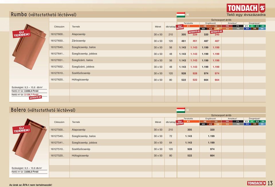 . Hófogócserép 0 x 0 80 Szükséglet: 9, 0, db/m Nettó m -ár:.8, Ft-tól Nettó m -ár:.9, Ft-tól BEVEZETÃ ÁR Bolero (változtatható léctávval) ÚJ TERMÉK! 00.. 0.. lapcserép SzegŒcserép, balos 0 x 0 0 x 0 0 ÚJ SZÍN!