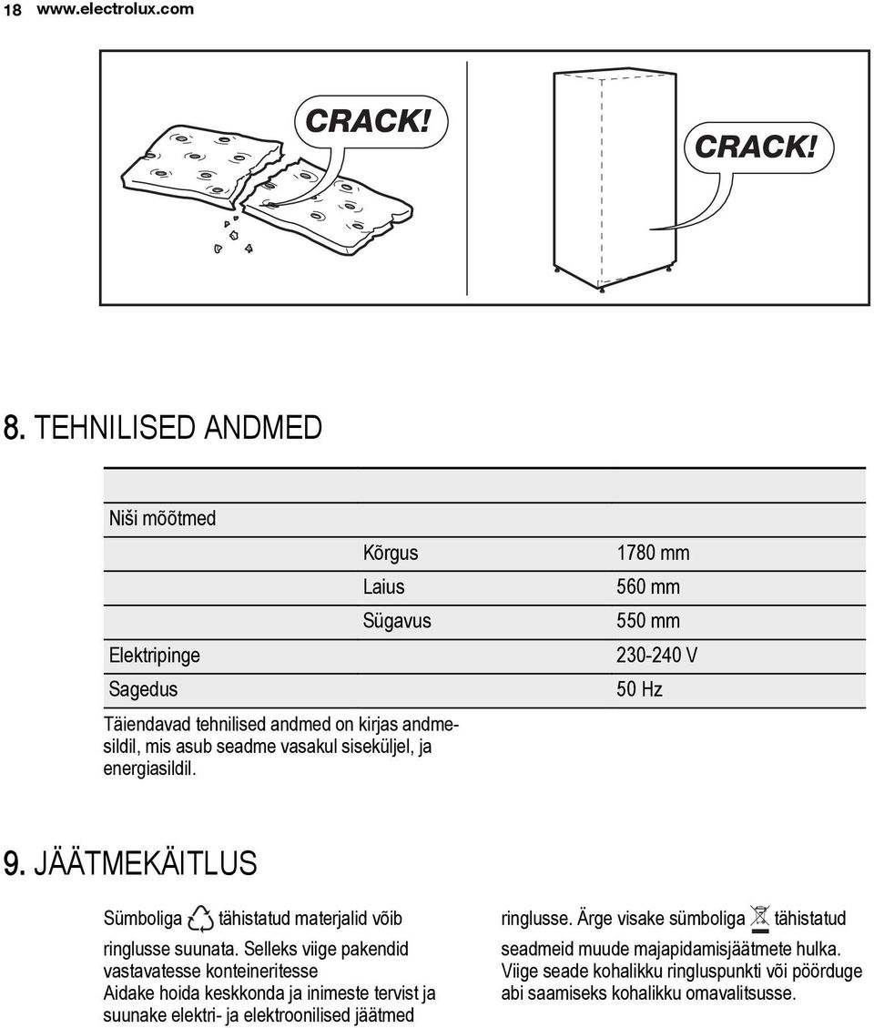 andmesildil, mis asub seadme vasakul siseküljel, ja energiasildil. 9. JÄÄTMEKÄITLUS Sümboliga tähistatud materjalid võib ringlusse suunata.
