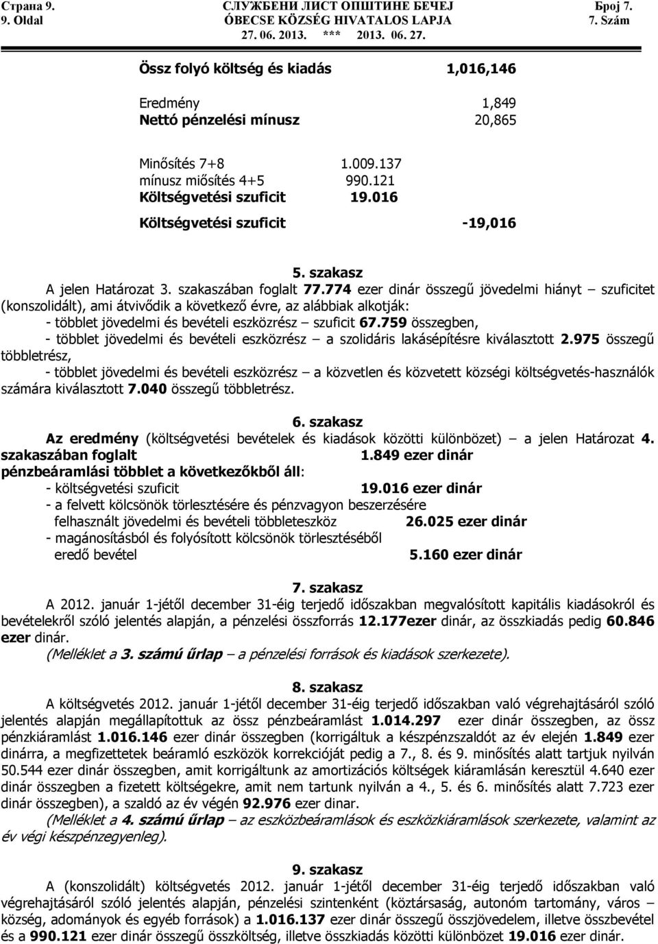 774 ezer dinár összegű jövedelmi hiányt szuficitet (konszolidált), ami átvivődik a következő évre, az alábbiak alkotják: - többlet jövedelmi és bevételi eszközrész szuficit 67.