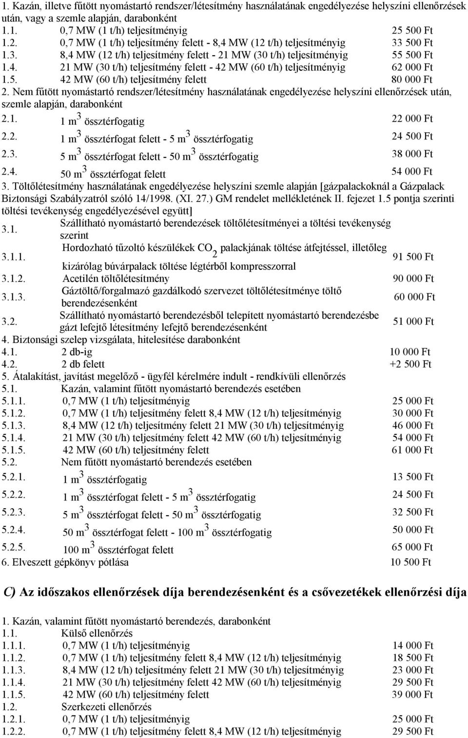 5. 42 MW (60 t/h) teljesítmény felett 80 000 Ft 2. Nem fűtött nyomástartó rendszer/létesítmény használatának engedélyezése helyszíni ellenőrzések után, szemle alapján, darabonként 2.1.