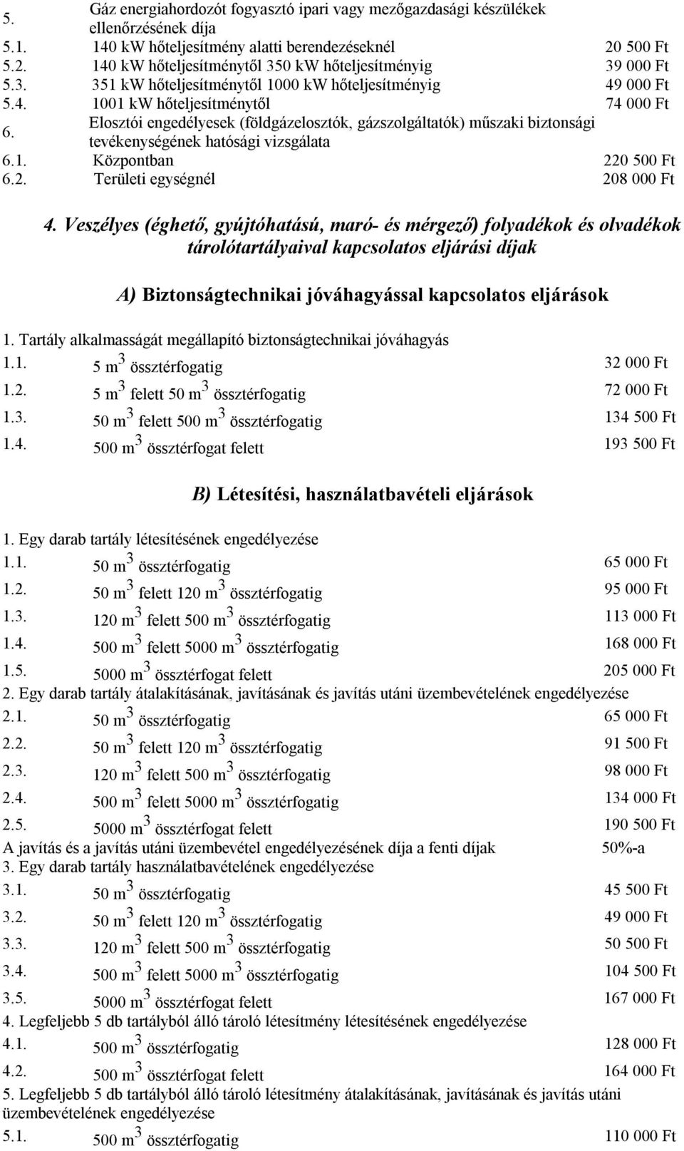 Elosztói engedélyesek (földgázelosztók, gázszolgáltatók) műszaki biztonsági tevékenységének hatósági vizsgálata 6.1. Központban 220 500 Ft 6.2. Területi egységnél 208 000 Ft 4.