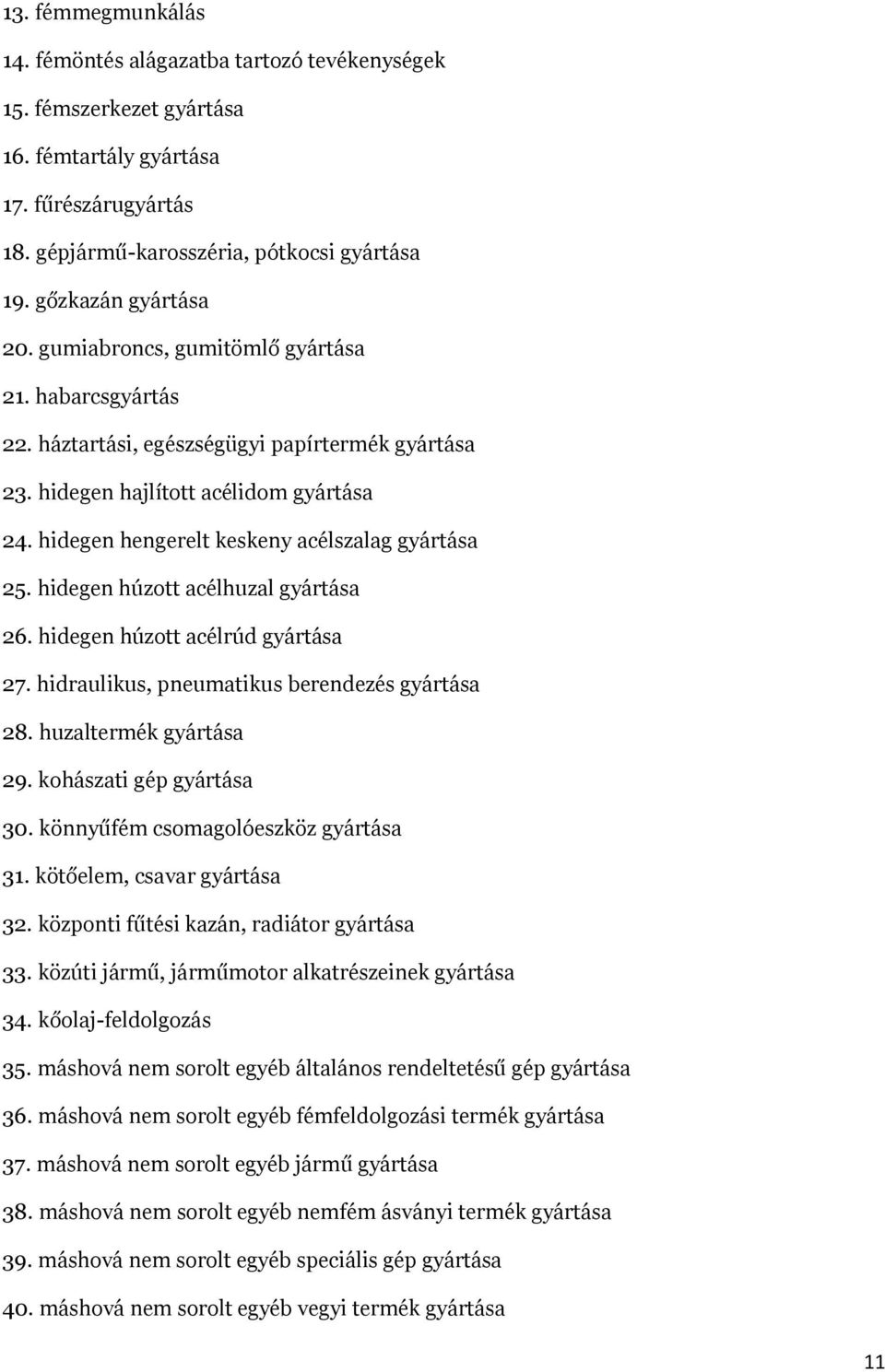 hidegen hengerelt keskeny acélszalag gyártása 25. hidegen húzott acélhuzal gyártása 26. hidegen húzott acélrúd gyártása 27. hidraulikus, pneumatikus berendezés gyártása 28. huzaltermék gyártása 29.