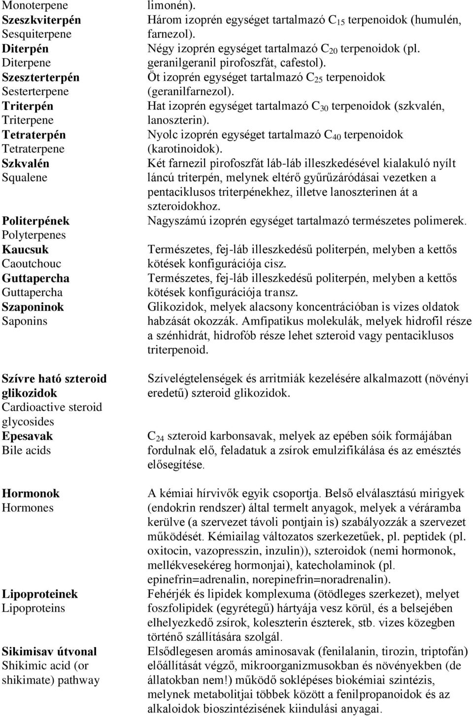 acid (or shikimate) pathway limonén). Három izoprén egységet tartalmazó C 15 terpenoidok (humulén, farnezol). Négy izoprén egységet tartalmazó C 20 terpenoidok (pl.