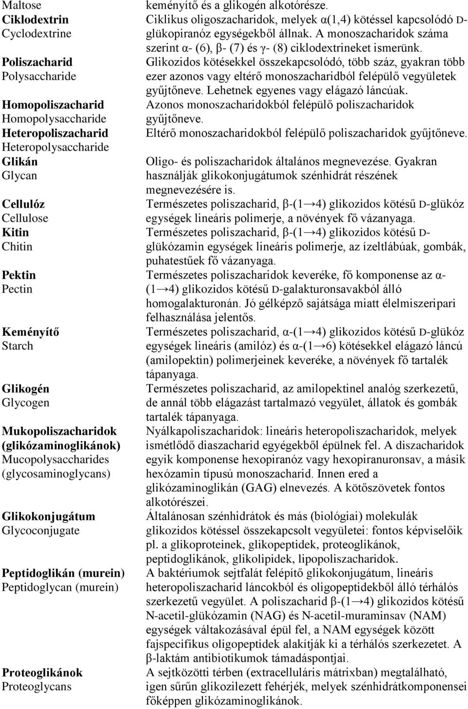 (murein) Proteoglikánok Proteoglycans keményítő és a glikogén alkotórésze. Ciklikus oligoszacharidok, melyek α(1,4) kötéssel kapcsolódó D- glükopiranóz egységekből állnak.