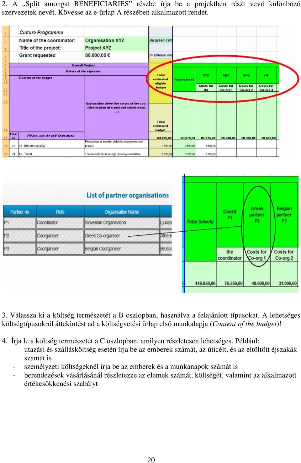 A lehetséges költségtípusokról áttekintést ad a költségvetési űrlap első munkalapja (Content of the budget)! 4.