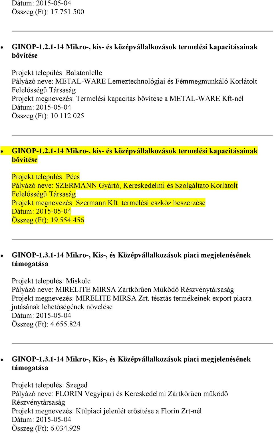 025 Projekt település: Pécs Pályázó neve: SZERMANN Gyártó, Kereskedelmi és Szolgáltató Korlátolt Projekt megnevezés: Szermann Kft. termelési eszköz beszerzése Összeg (Ft): 19.554.