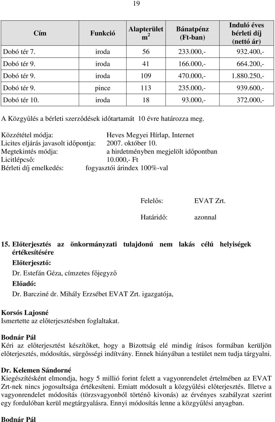 Közzététel módja: Heves Megyei Hírlap, Internet Licites eljárás javasolt időpontja: 2007. október 10. Megtekintés módja: a hirdetményben megjelölt időpontban Licitlépcső: 10.