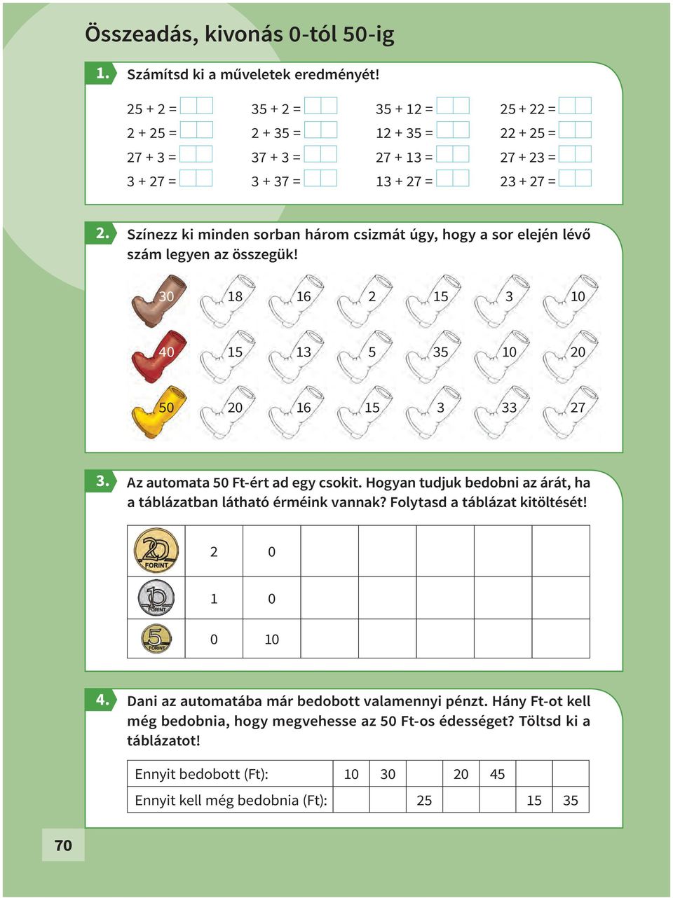 csizmát úgy, hogy a sor elején lévő szám legyen az összegük! 30 18 16 2 15 3 10 40 15 13 5 35 10 20 50 20 16 15 3 33 27 Az automata 50 Ft-ért ad egy csokit.