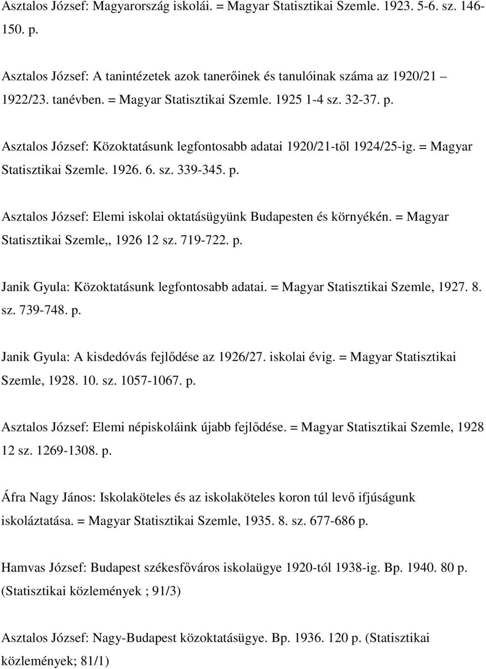 = Magyar Statisztikai Szemle,, 1926 12 sz. 719-722. p. Janik Gyula: Közoktatásunk legfontosabb adatai. = Magyar Statisztikai Szemle, 1927. 8. sz. 739-748. p. Janik Gyula: A kisdedóvás fejlıdése az 1926/27.