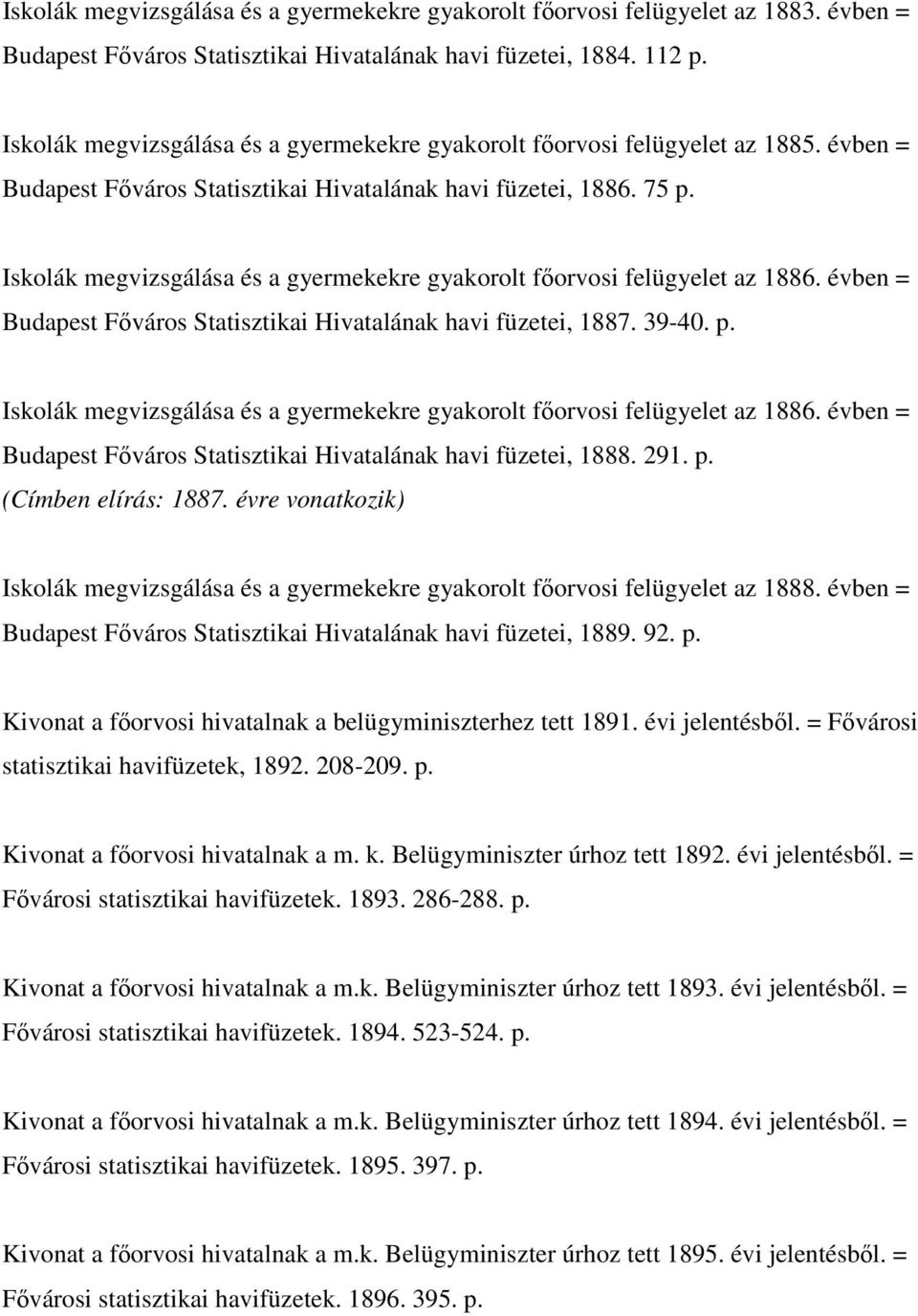 Iskolák megvizsgálása és a gyermekekre gyakorolt fıorvosi felügyelet az 1886. évben = Budapest Fıváros Statisztikai Hivatalának havi füzetei, 1887. 39-40. p.