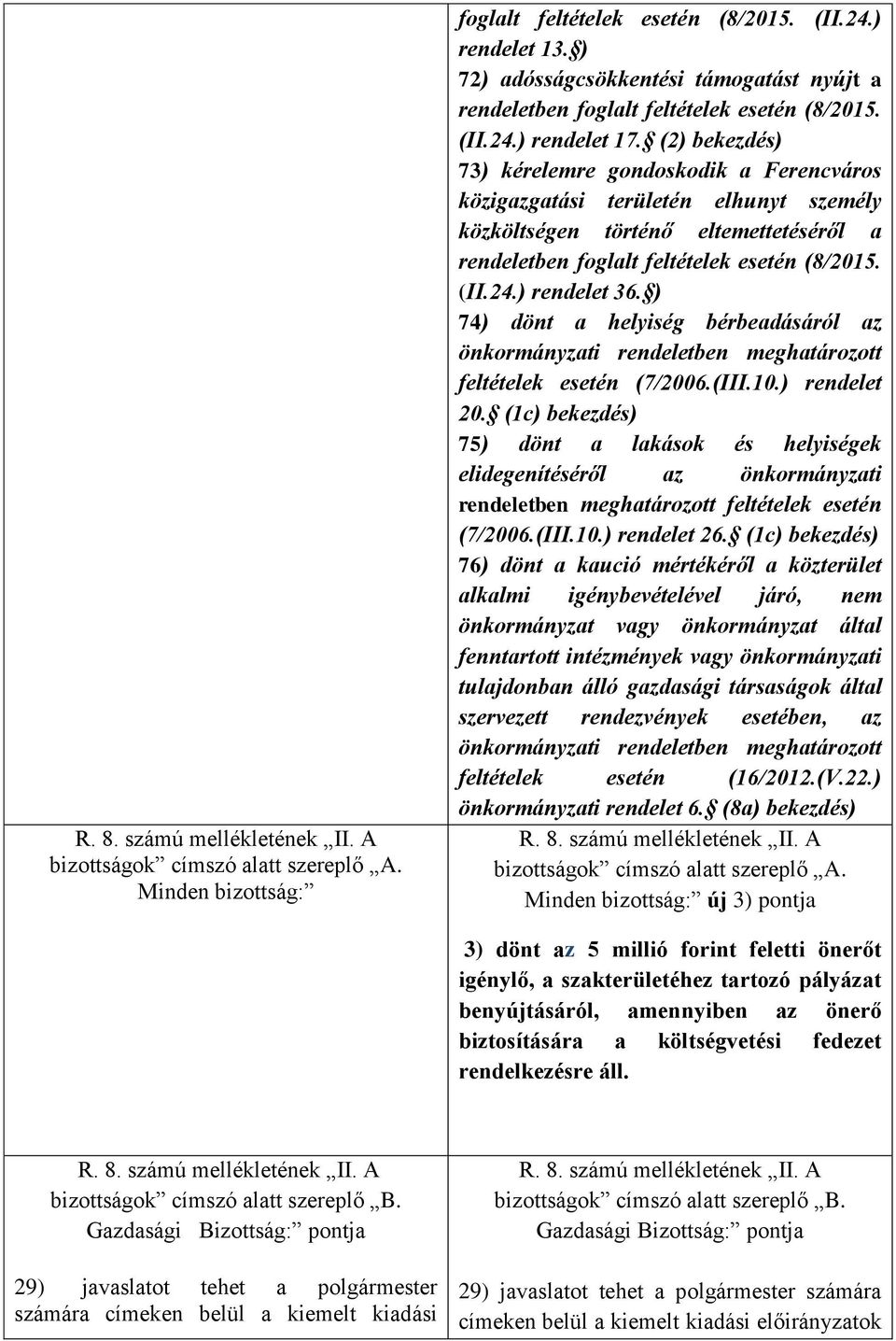 (2) bekezdés) 73) kérelemre gondoskodik a Ferencváros közigazgatási területén elhunyt személy közköltségen történő eltemettetéséről a rendeletben foglalt feltételek esetén (8/2015. (II.24.