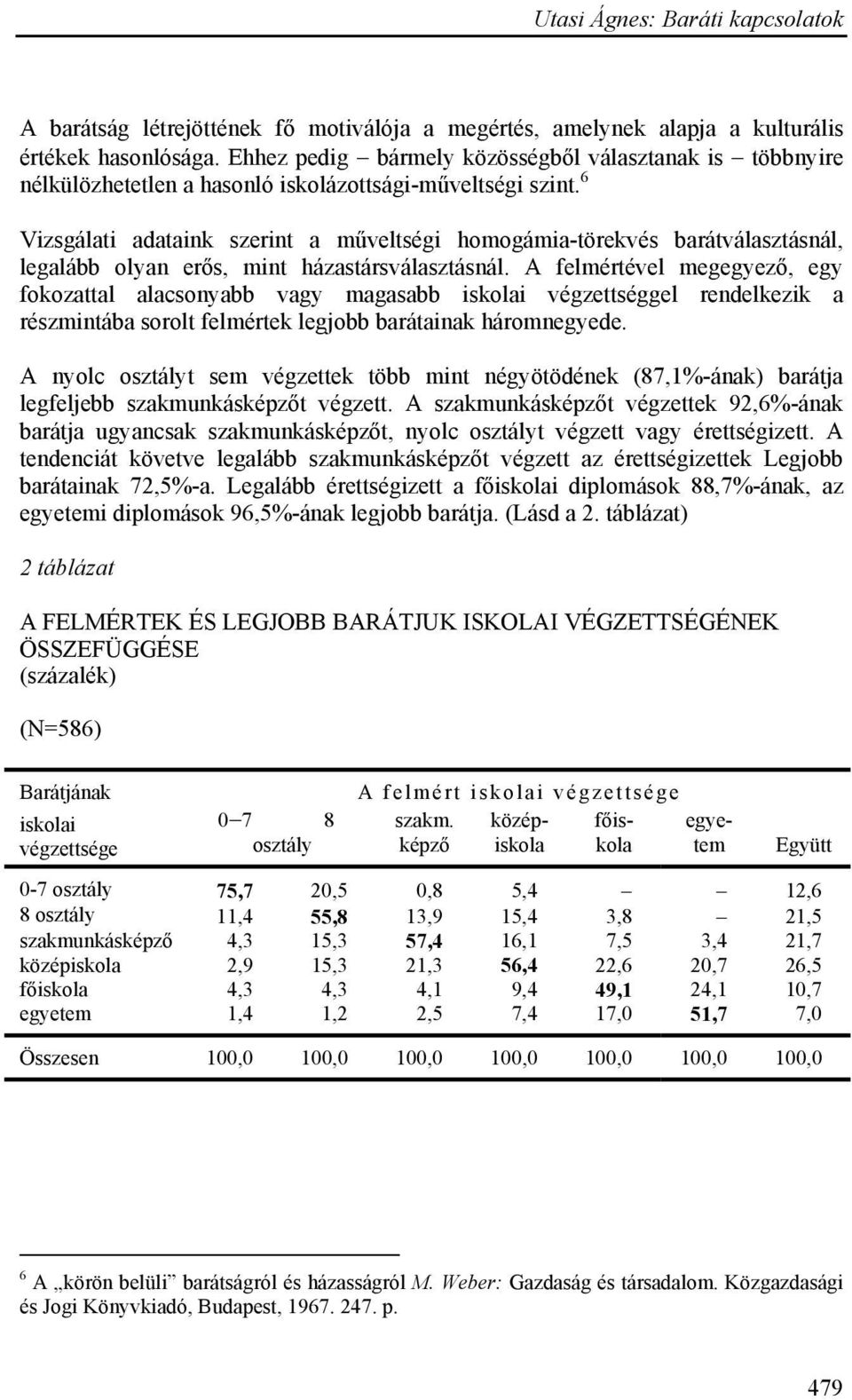 6 Vizsgálati adataink szerint a műveltségi homogámia-törekvés barátválasztásnál, legalább olyan erős, mint házastársválasztásnál.