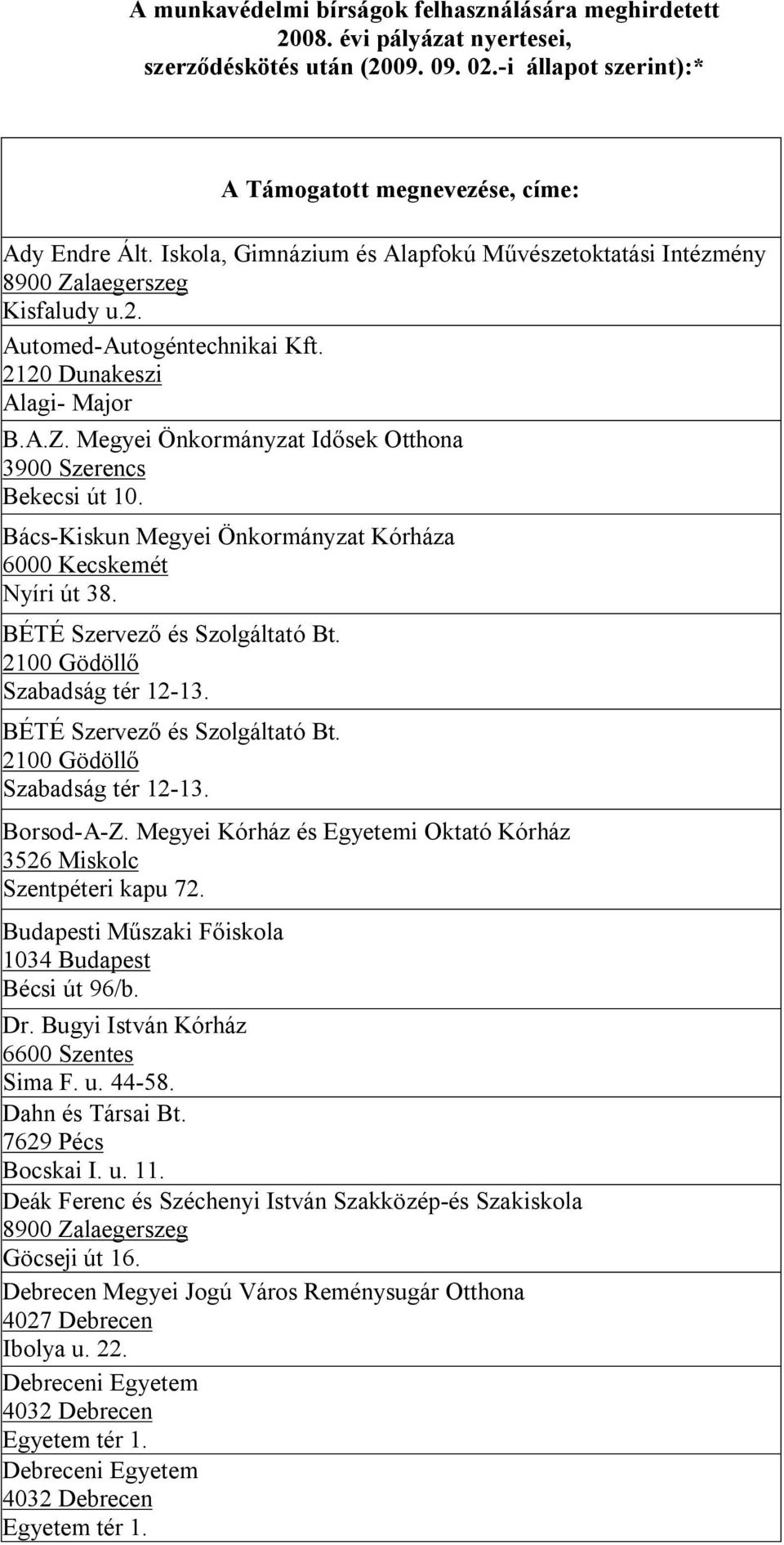 Bács-Kiskun Megyei Önkormányzat Kórháza 6000 Kecskemét Nyíri út 38. BÉTÉ Szervező és Szolgáltató Bt. 2100 Gödöllő Szabadság tér 12-13. BÉTÉ Szervező és Szolgáltató Bt. 2100 Gödöllő Szabadság tér 12-13. Borsod-A-Z.