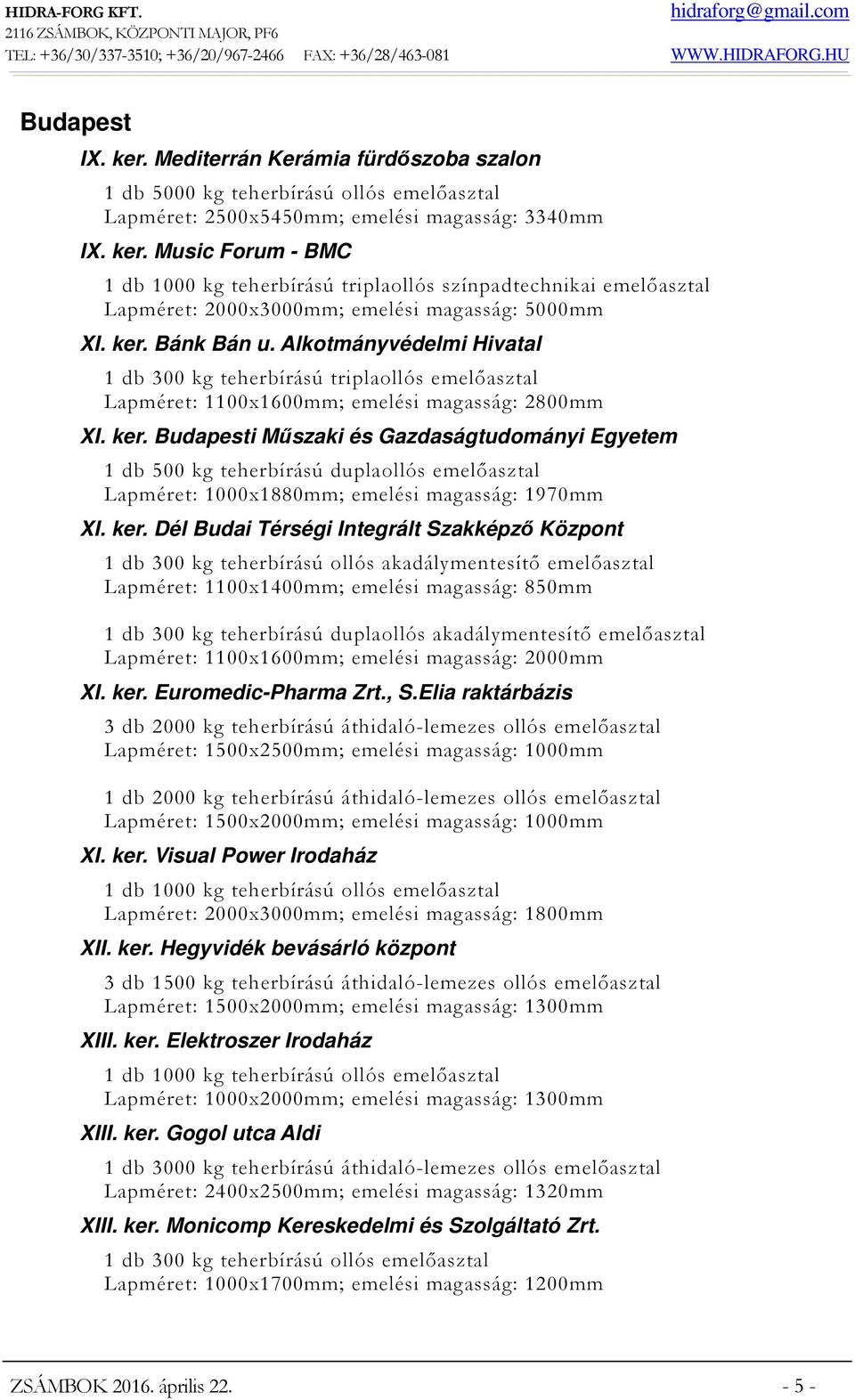 Budapesti Műszaki és Gazdaságtudományi Egyetem 1 db 500 kg teherbírású duplaollós emelőasztal Lapméret: 1000x1880mm; emelési magasság: 1970mm XI. ker.