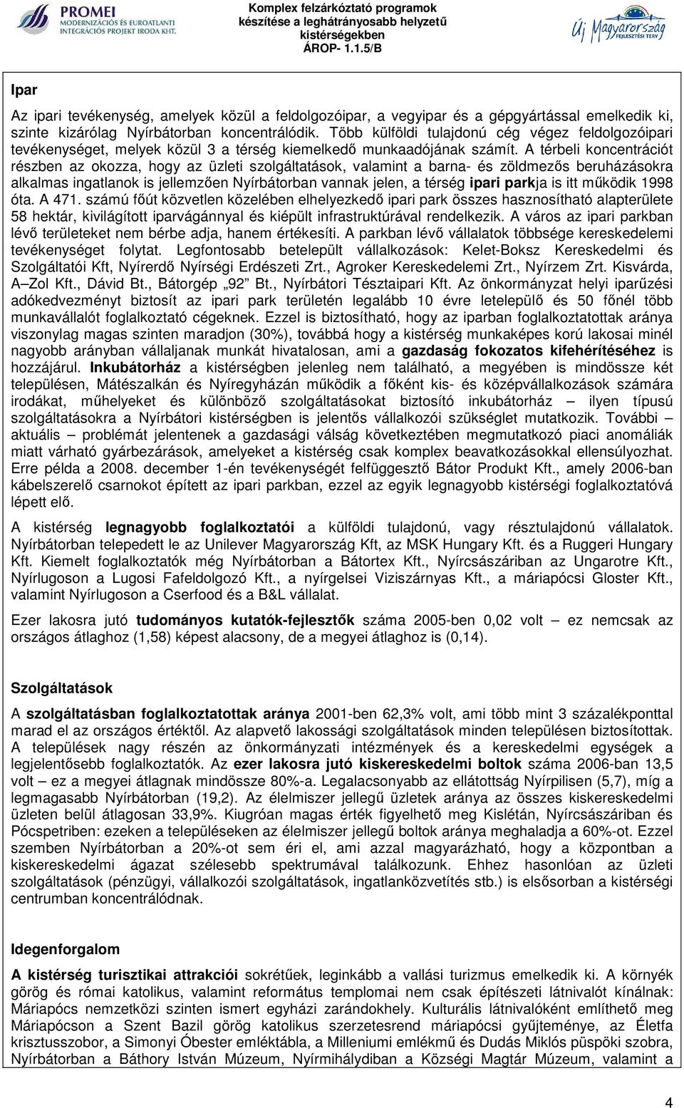 A térbeli koncentrációt részben az okozza, hogy az üzleti szolgáltatások, valamint a barna- és zöldmezős beruházásokra alkalmas ingatlanok is jellemzően Nyírbátorban vannak jelen, a térség ipari