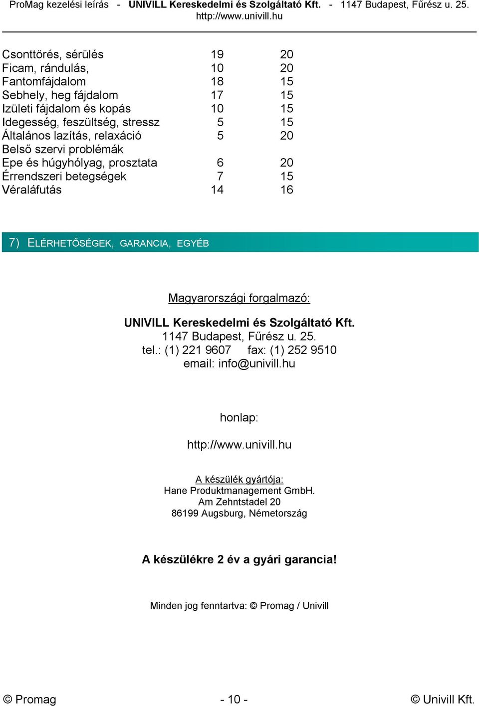 Magyarországi forgalmazó: UNIVILL Kereskedelmi és Szolgáltató Kft. 1147 Budapest, Fűrész u. 25. tel.: (1) 221 9607 fax: (1) 252 9510 email: info@univill.