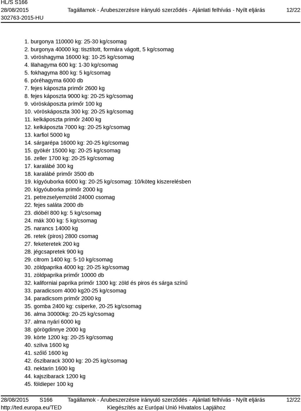 vöröskáposzta 300 kg: 20-25 kg/csomag 11. kelkáposzta primőr 2400 kg 12. kelkáposzta 7000 kg: 20-25 kg/csomag 13. karfiol 5000 kg 14. sárgarépa 16000 kg: 20-25 kg/csomag 15.