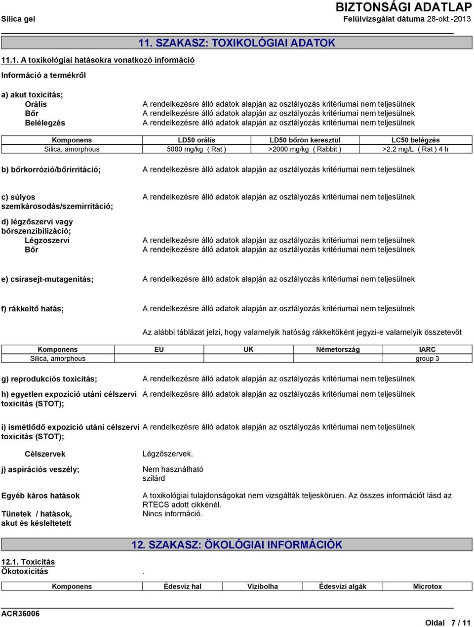 .1. A toxikológiai hatásokra vonatkozó információ Információ a termékről a) akut toxicitás; Orális Bőr Belélegzés Komponens LD50 orális LD50 bőrön keresztül LC50 belégzés Silica, amorphous 5000 mg/kg