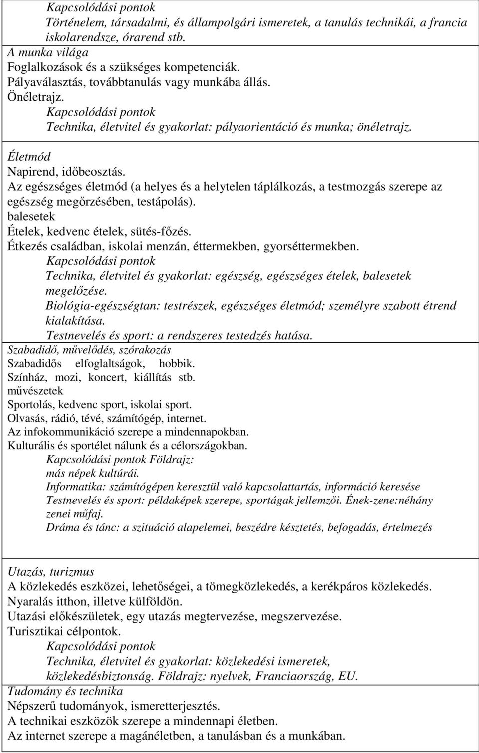 Az egészséges életmód (a helyes és a helytelen táplálkozás, a testmozgás szerepe az egészség megőrzésében, testápolás). balesetek Ételek, kedvenc ételek, sütés-főzés.