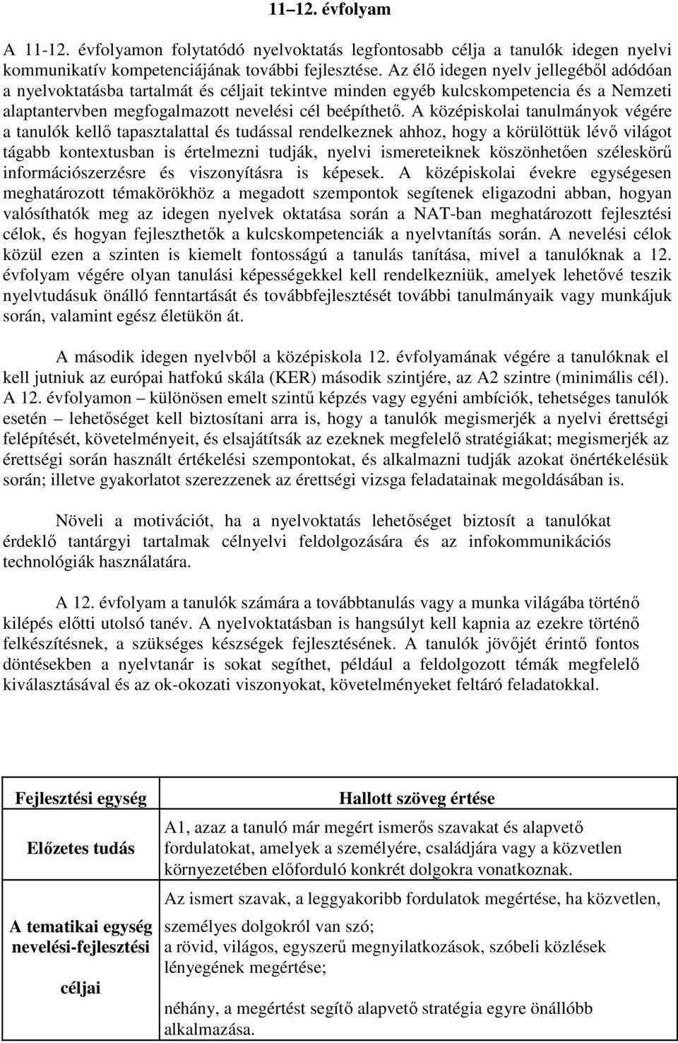 A középiskolai tanulmányok végére a tanulók kellő tapasztalattal és tudással rendelkeznek ahhoz, hogy a körülöttük lévő világot tágabb kontextusban is értelmezni tudják, nyelvi ismereteiknek