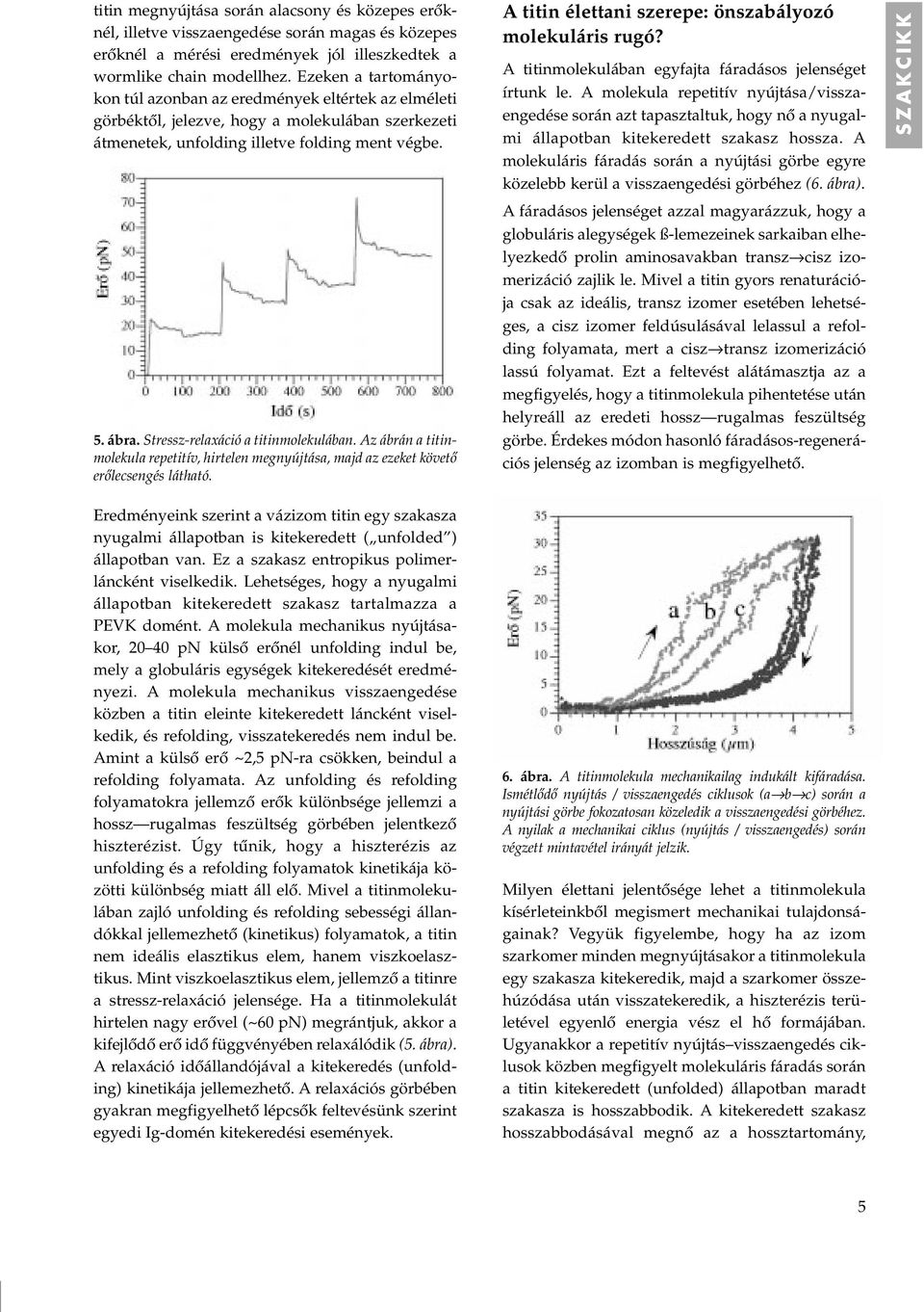 Stressz-relaxáció a titinmolekulában. Az ábrán a titinmolekula repetitív, hirtelen megnyújtása, majd az ezeket követô erôlecsengés látható.