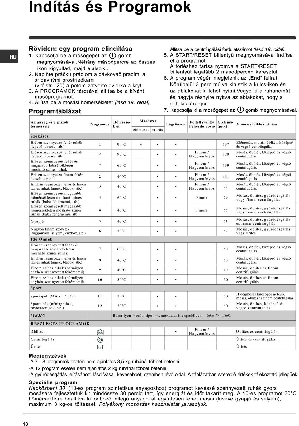 Állítsa be a mosási hõmérsékletet (lásd 19. oldal). Programtáblázat Állítsa be a centrifugálási fordulatszámot (lásd 19. oldal). 5. A START/RESET billentyû megnyomásával indítsa el a programot.