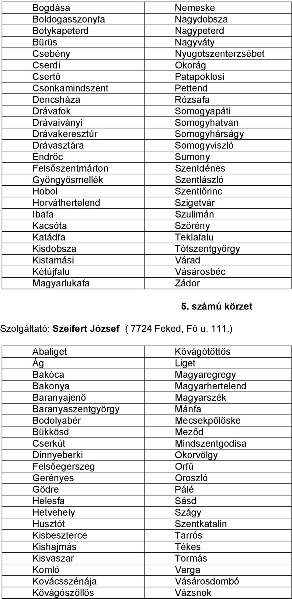 Somogyviszló Sumony Szentdénes Szentlászló Szentlőrinc Szigetvár Szulimán Szörény Teklafalu Tótszentgyörgy Várad Vásárosbéc Zádor 5. számú körzet Szolgáltató: Szeifert József ( 7724 Feked, Fő u. 111.