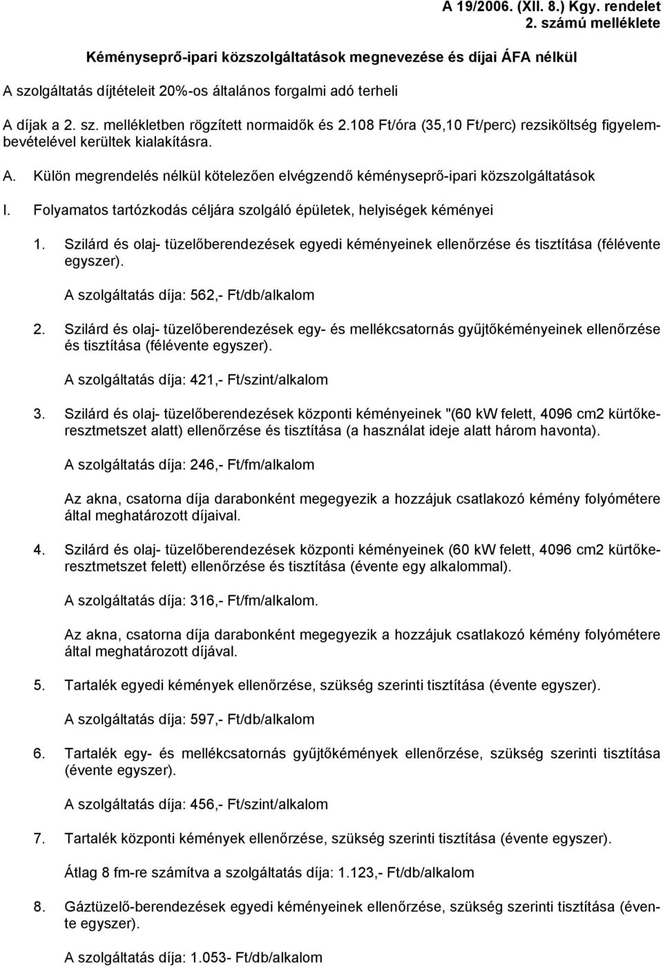 Külön megrendelés nélkül kötelezően elvégzendő kéményseprő-ipari közszolgáltatások I. Folyamatos tartózkodás céljára szolgáló épületek, helyiségek kéményei 1.