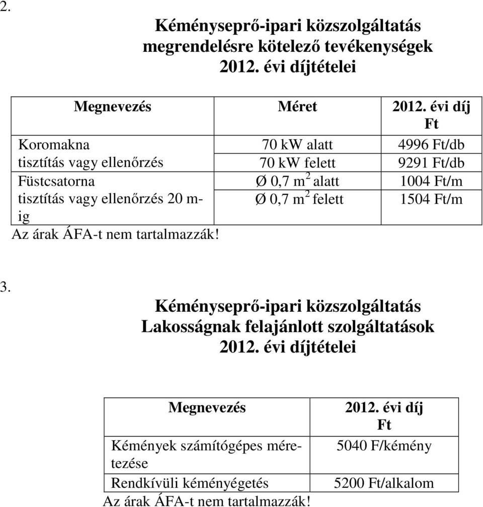 tisztítás vagy ellenőrzés 20 m- Ø 0,7 m 2 felett 1504 Ft/m ig Az árak ÁFA-t nem tartalmazzák! 3.