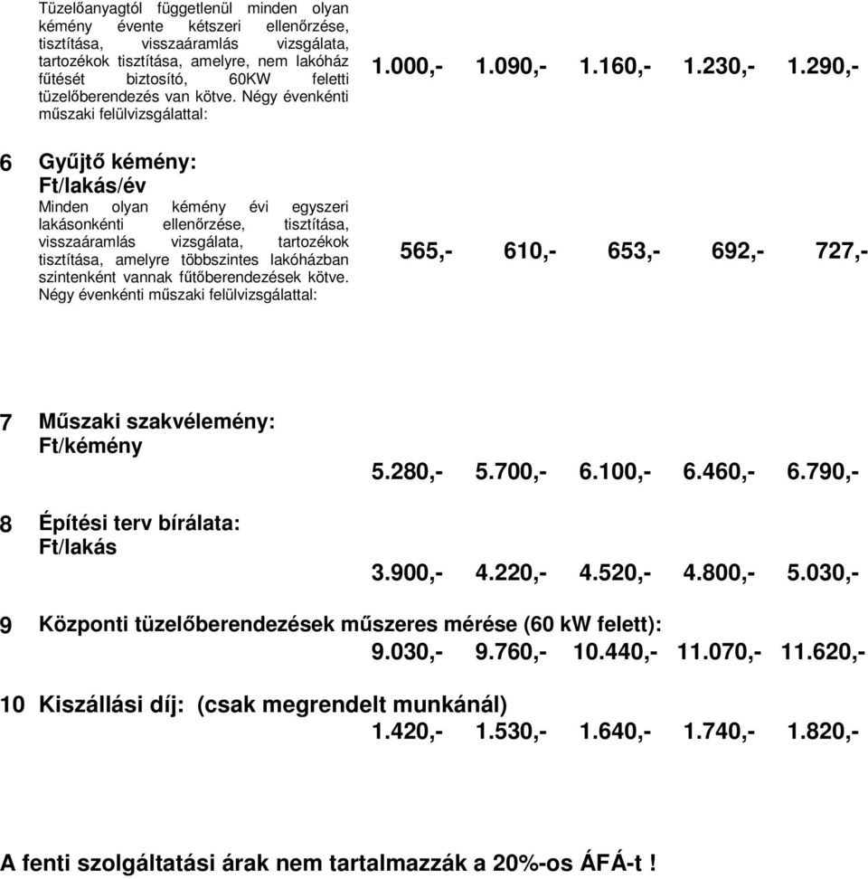 Négy évenkénti műszaki felülvizsgálattal: 6 Gyűjtő kémény: Ft/lakás/év Minden olyan kémény évi egyszeri lakásonkénti ellenőrzése, tisztítása, visszaáramlás vizsgálata, tartozékok tisztítása, amelyre