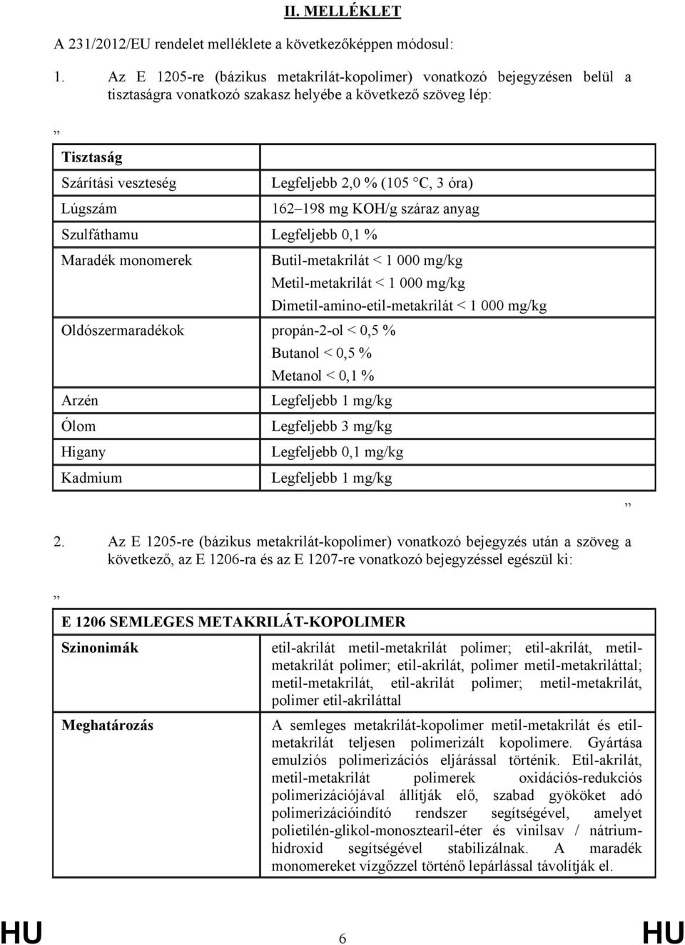 3 óra) 162 198 mg KOH/g száraz anyag Szulfáthamu Legfeljebb 0,1 % Maradék monomerek Butil-metakrilát < 1 000 mg/kg Metil-metakrilát < 1 000 mg/kg Oldószermaradékok propán-2-ol < 0,5 % Arzén Ólom