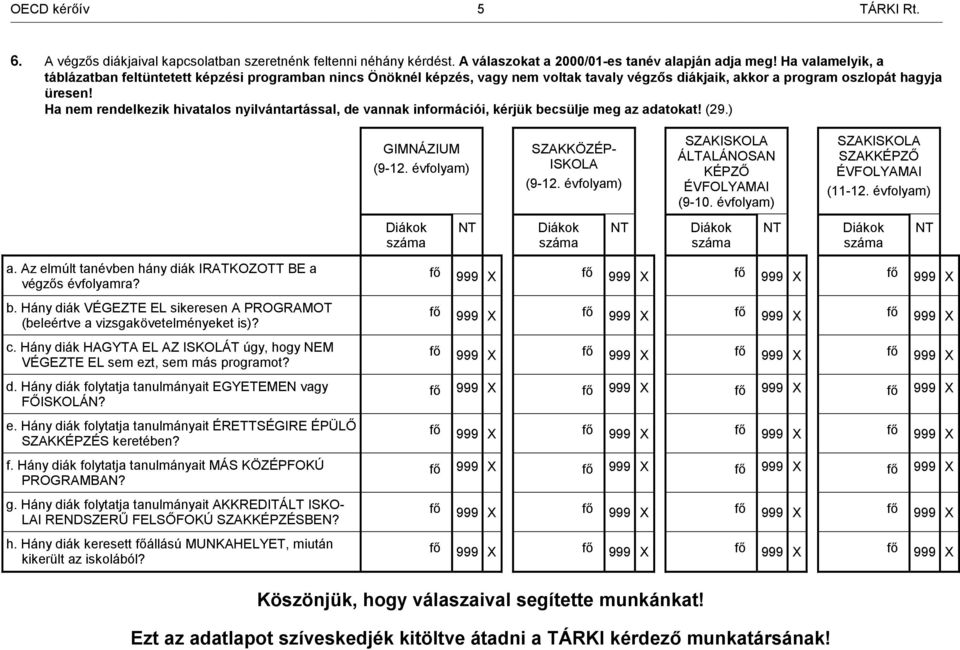 Ha nem rendelkezik hivatalos nyilvántartással, de vannak információi, kérjük becsülje meg az adatokat! (29.) a. Az elmúlt tanévben hány diák IRATKOZOTT BE a végzős évfolyamra? b. Hány diák VÉGEZTE EL sikeresen A PROGRAMOT (beleértve a vizsgakövetelményeket is)?