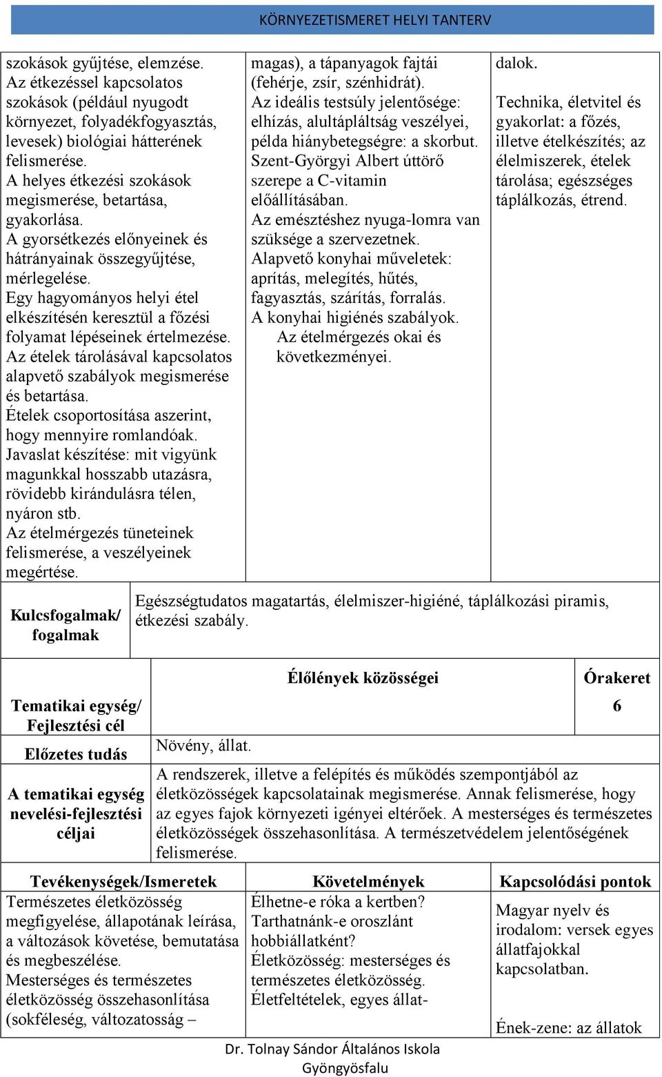 Egy hagyományos helyi étel elkészítésén keresztül a főzési folyamat lépéseinek értelmezése. Az ételek tárolásával kapcsolatos alapvető szabályok megismerése és betartása.