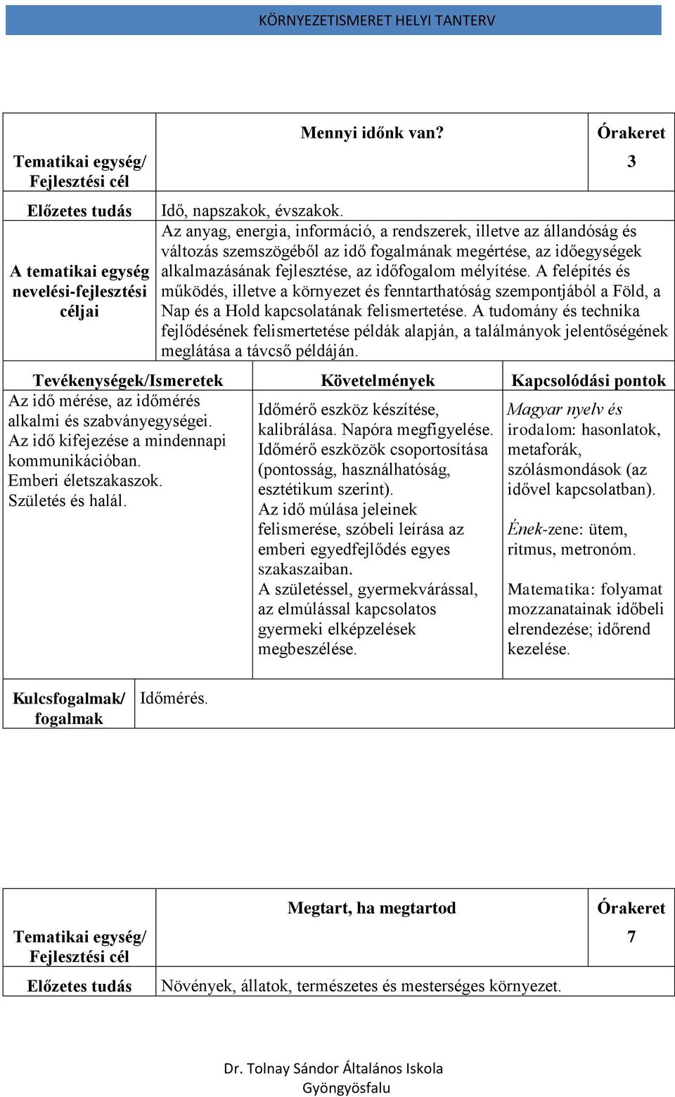 A felépítés és működés, illetve a környezet és fenntarthatóság szempontjából a Föld, a Nap és a Hold kapcsolatának felismertetése.